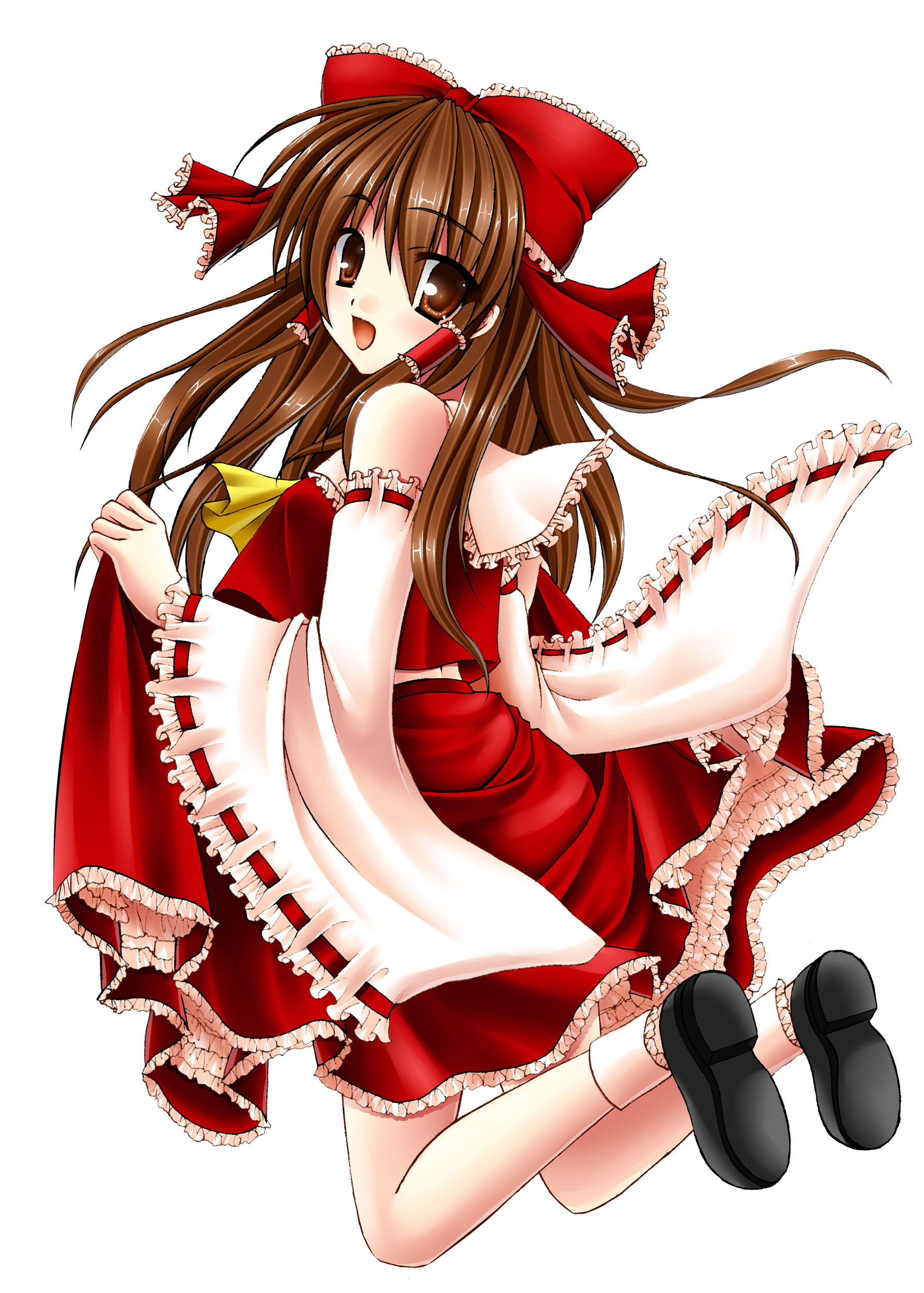 kirihara natsuki, hakurei reimu, touhou, absurdres, bad id, bad pixiv id, highres, 1girl, bow, brown eyes, brown hair, detached sleeves, female focus, full body, hair bow, japanese clothes, looking back, miko, simple background, solo, white background