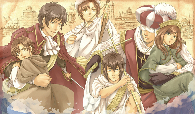 greece (hetalia), hungary (hetalia), northern italy (hetalia), southern italy (hetalia), spain (hetalia), turkey (hetalia), axis powers hetalia, traditional clothes, bad id, bad pixiv id, 00s, 1girl, 5boys, ahoge, arrow (projectile), bow (weapon), brown eyes, brown hair, cross, facial hair, gloves, goatee stubble, green eyes, hat, large hat, long sleeves, mask, multiple boys, robe, stubble, sword, weapon