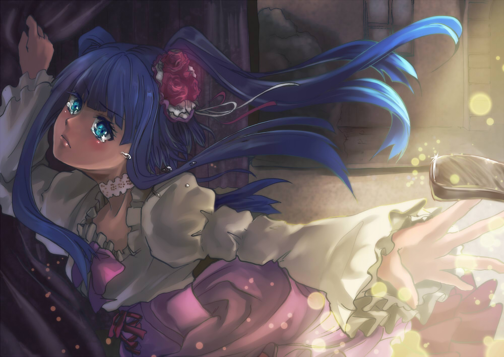 shimaji, furudo erika, umineko no naku koro ni, european clothes, bad id, bad pixiv id, 00s, 1girl, blue eyes, blue hair, blush, bow, choker, dress, female focus, flower, hair ornament, matching hair/eyes, pink bow, solo, tears