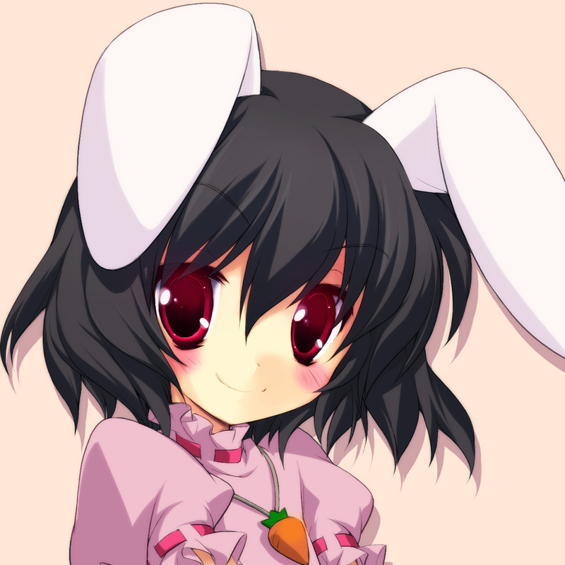 gotou nao, inaba tewi, touhou, 1girl, animal ears, blush, carrot necklace, female focus, jewelry, necklace, rabbit ears, rabbit girl, red eyes, simple background, smile, solo, wavy hair