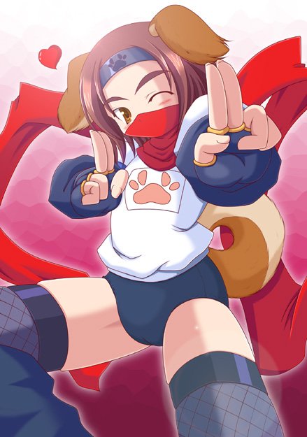 miso panda, konoha (arcana heart), aq interactive, arcana heart, atlus, examu, animal ears, brown hair, buruma, dog ears, dog tail, fingerless gloves, foreshortening, gloves, gym uniform, headband, ninja, one eye closed, scarf, solo, tail, wink