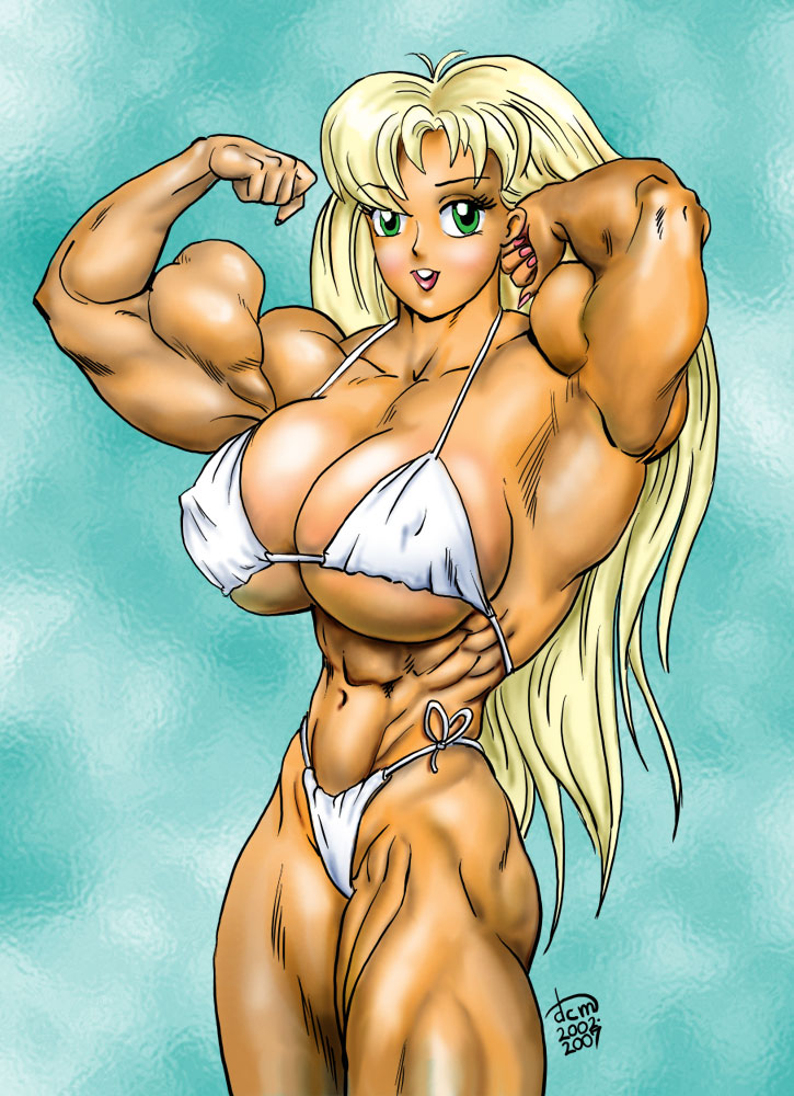 bikini, blonde hair, breasts, dcmatthews, green eyes, large breasts, muscular, swimsuit, tetsuko