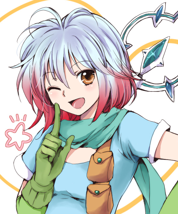 akina tsukako, pascal (tales), tales of (series), tales of graces, 1girl, antenna hair, blue shirt, female focus, gloves, multicolored hair, one eye closed, open mouth, shirt, short hair, solo, two-tone hair, wink