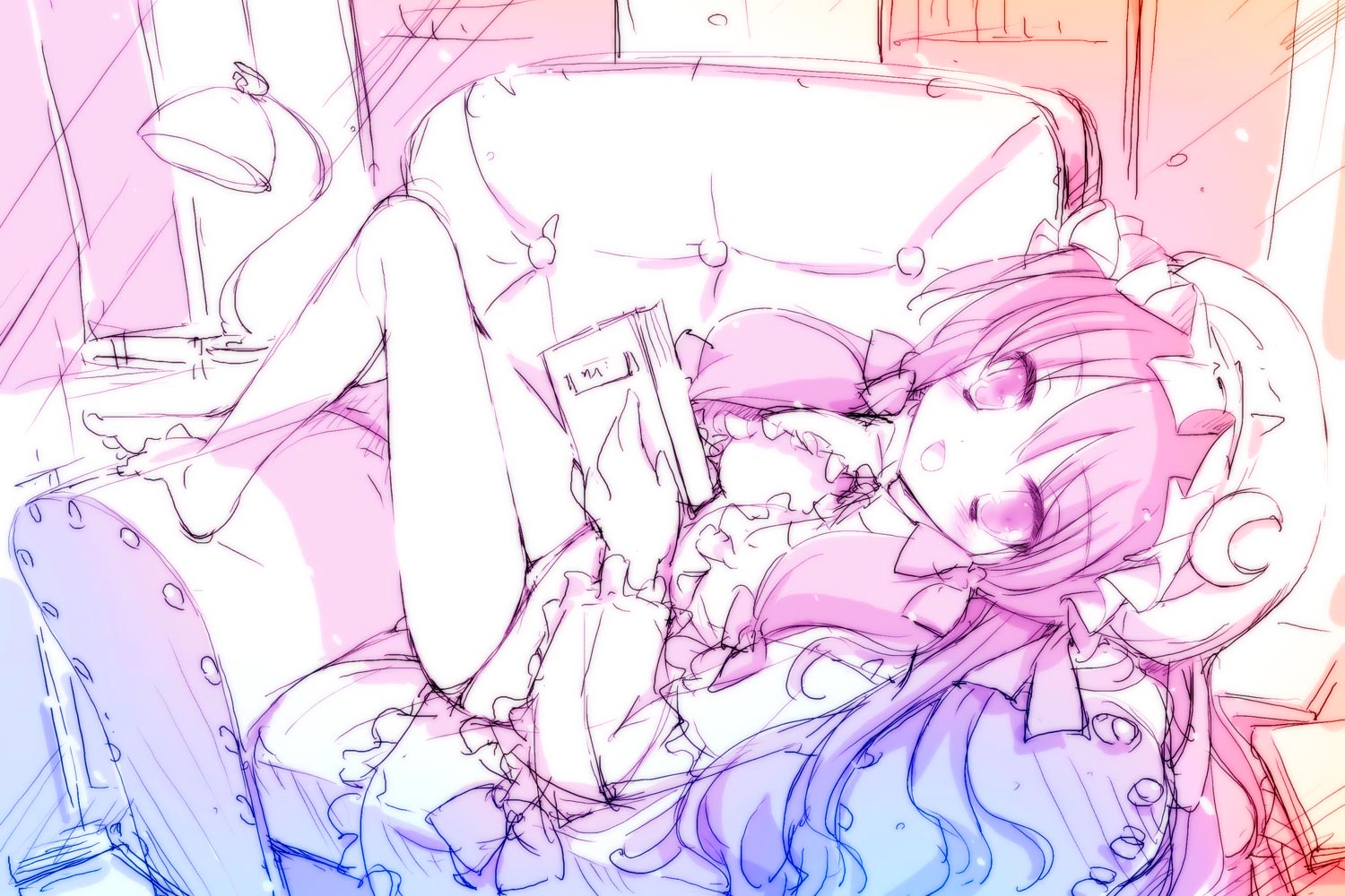 gotou nao, patchouli knowledge, touhou, 1girl, bare legs, barefoot, blush, book, bottomless, chair, crescent, female focus, hat, legs, lying, monochrome, no pants, open book, open clothes, open mouth, open shirt, panties, purple eyes, purple hair, purple theme, reading, shirt, sketch, solo, underwear