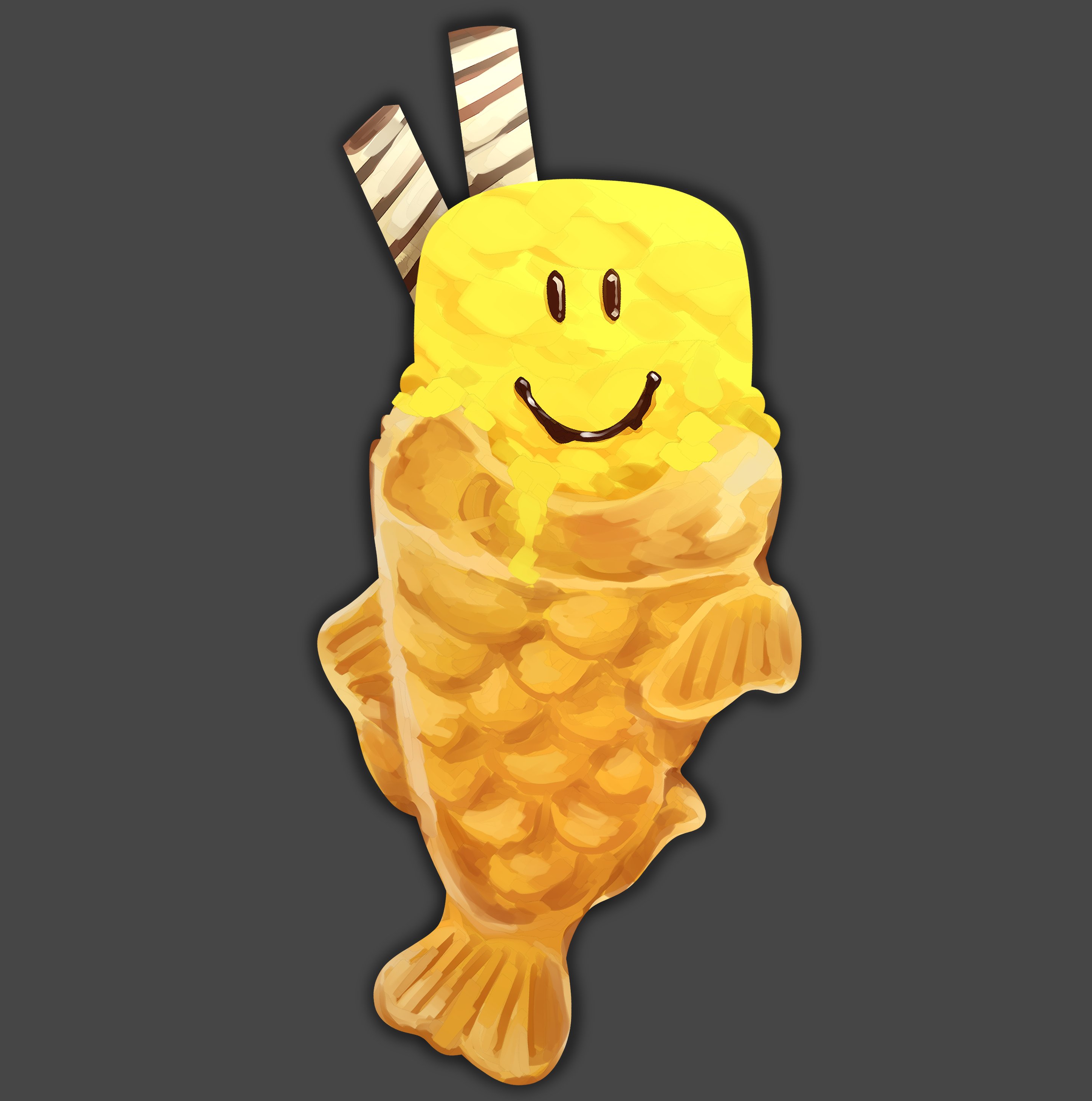 himochuu, roblox, absurdres, highres, character-themed food, fish, food, food focus, grey background, no humans, simple background, smiley face, taiyaki, wafer, wafer stick, wagashi