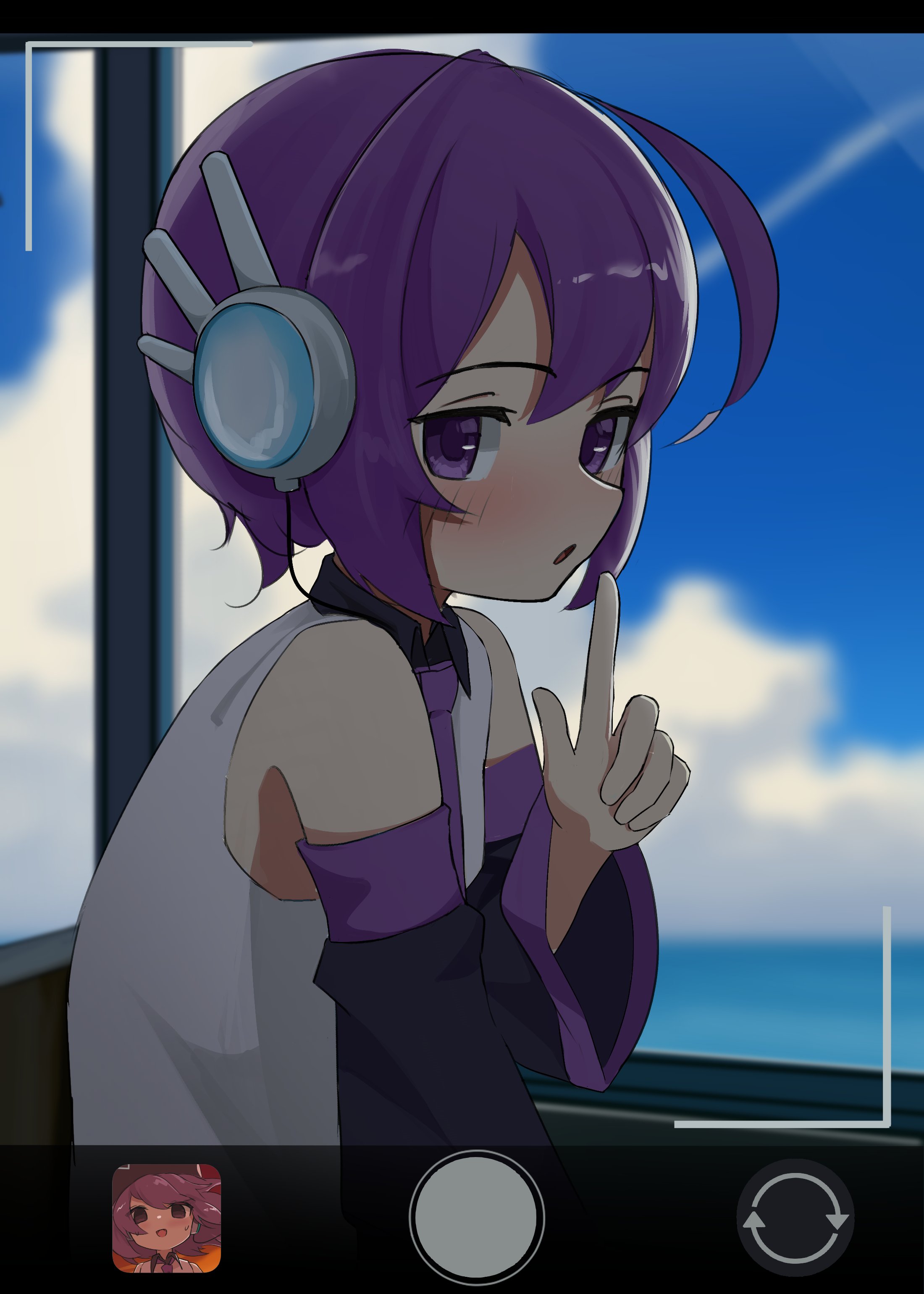 utane uta, utau, absurdres, commentary, highres, 0w0 (artist), 1girl, camera, necktie, no headwear, purple eyes, purple hair, purple necktie, robot ears, shirt, white shirt