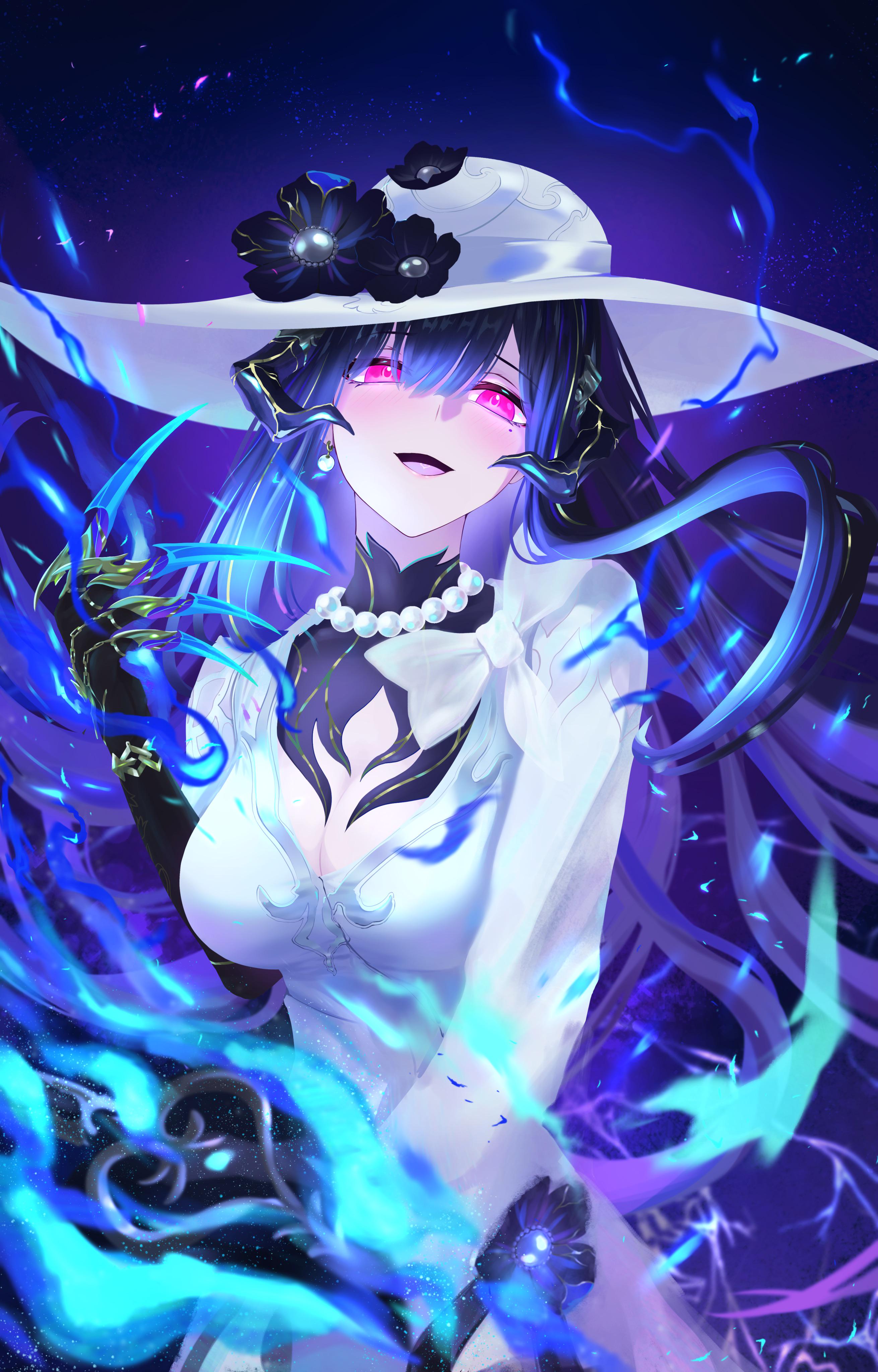 daiyumee02, the dahlia (honkai: star rail), honkai: star rail, honkai (series), absurdres, commentary, english commentary, highres, 1girl, black flower, black gloves, black hair, blue fire, breasts, claws, cleavage, cowboy shot, demon girl, demon horns, demon tail, dress, earrings, fire, floating hair, flower, gloves, hair between eyes, hat, hat flower, horns, jewelry, large breasts, long hair, looking at viewer, mole, mole under eye, necklace, open mouth, pearl necklace, pink eyes, single earring, solo, star (sky), starry sky background, tail, very long hair, white dress, white hat