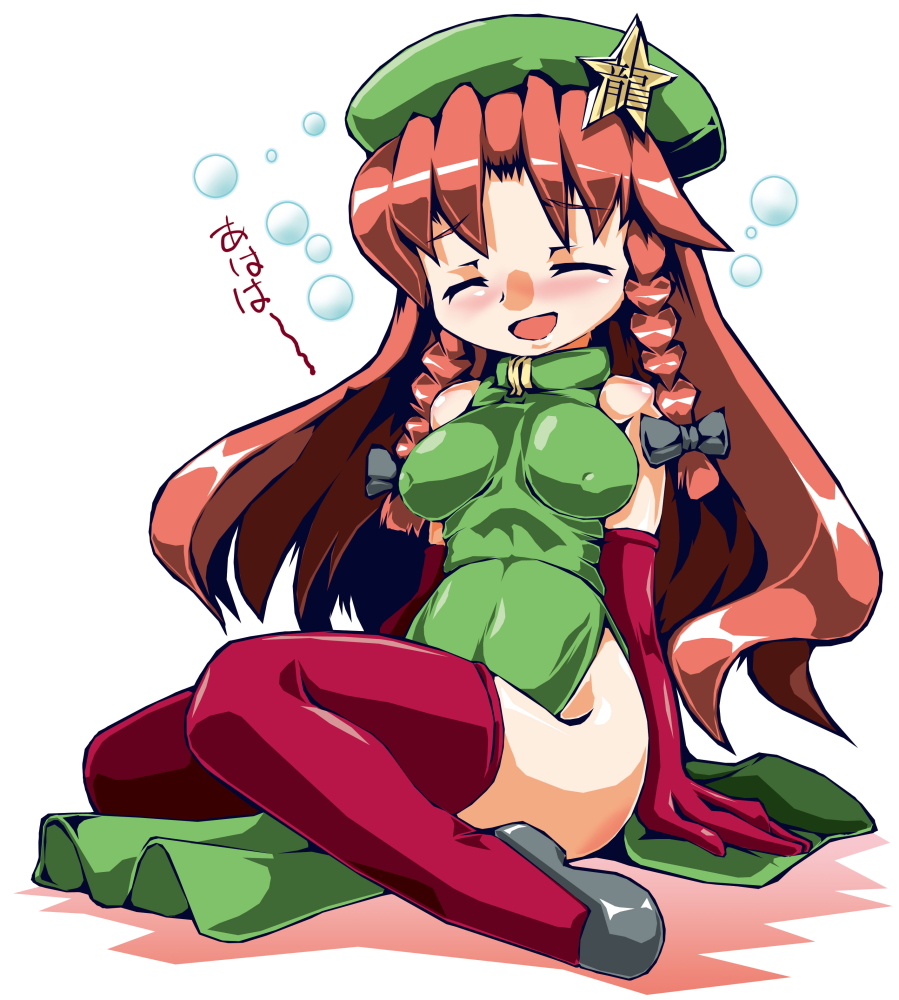 sukiyo, hong meiling, embodiment of scarlet devil, touhou, 1girl, blush, braid, breasts, china dress, chinese clothes, dress, elbow gloves, female focus, full body, gloves, hat, latex, latex dress, latex gloves, long hair, red hair, solo, thighhighs, twin braids, white background