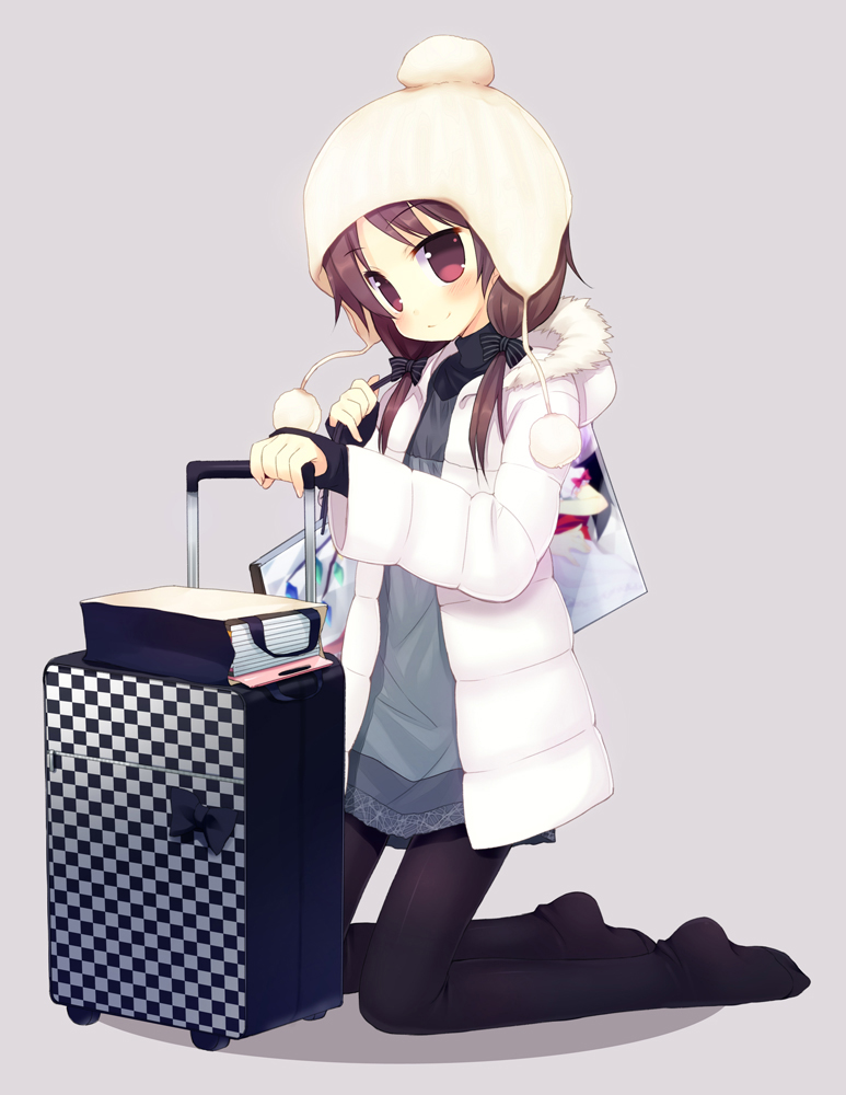 meito (maze), luggage, 1girl, bag, book, bow, child, coat, dress, female focus, full body, hair bow, hat, pantyhose, rolling suitcase, shopping bag, smile, solo, suitcase, twintails, winter clothes