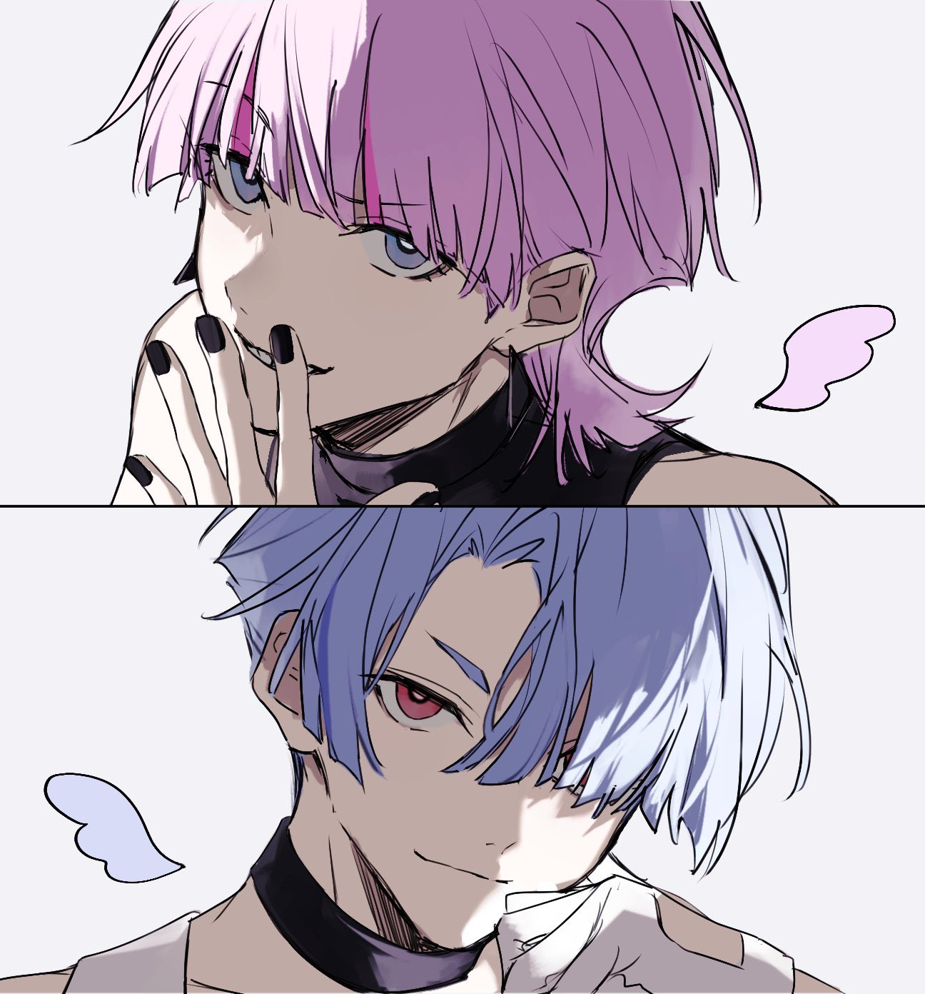 nozz177, polyester (psg), polyurethane (psg), panty & stocking with garterbelt, commentary request, highres, 2boys, black choker, black nails, blue eyes, blue hair, choker, gloves, hand on own face, looking at viewer, male focus, multiple boys, pink hair, red eyes, simple background, white background, white gloves