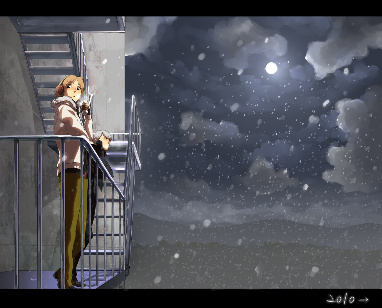 koredemoka, serori (koredemoka), hanamura yousuke, narukami yu, atlus, persona, persona 4, 10s, 2010, 2boys, brown hair, coat, full moon, headphones, letterboxed, male focus, moon, multiple boys, new year, slice of life, snow, stairs