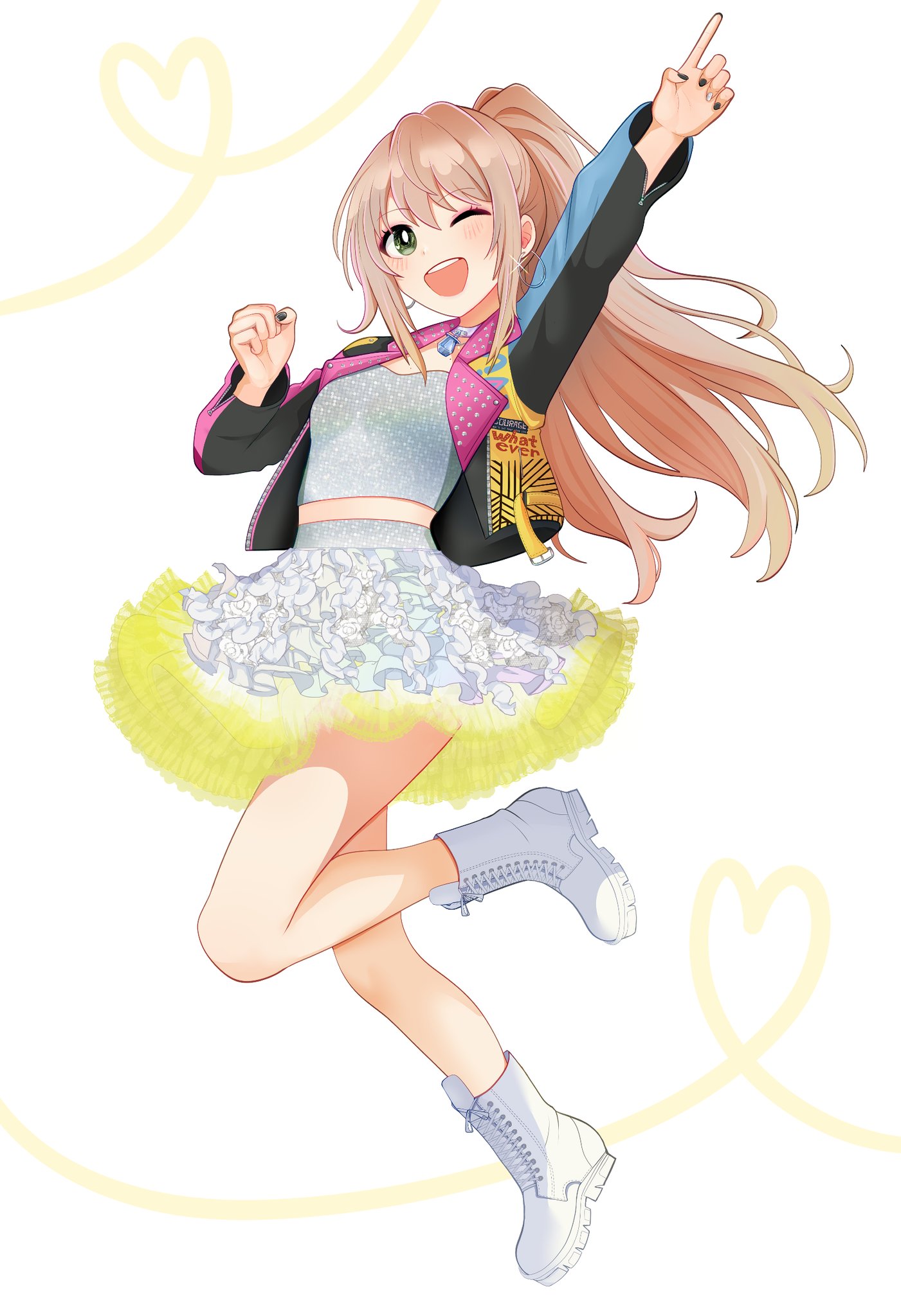 ghosttbyun, keekihime, real life, commentary, english commentary, highres, 1girl, brown hair, choker, earrings, frilled skirt, frills, high ponytail, hoop earrings, jacket, jewelry, long hair, one eye closed, open mouth, ponytail, simple background, skirt, smile, solo, white background