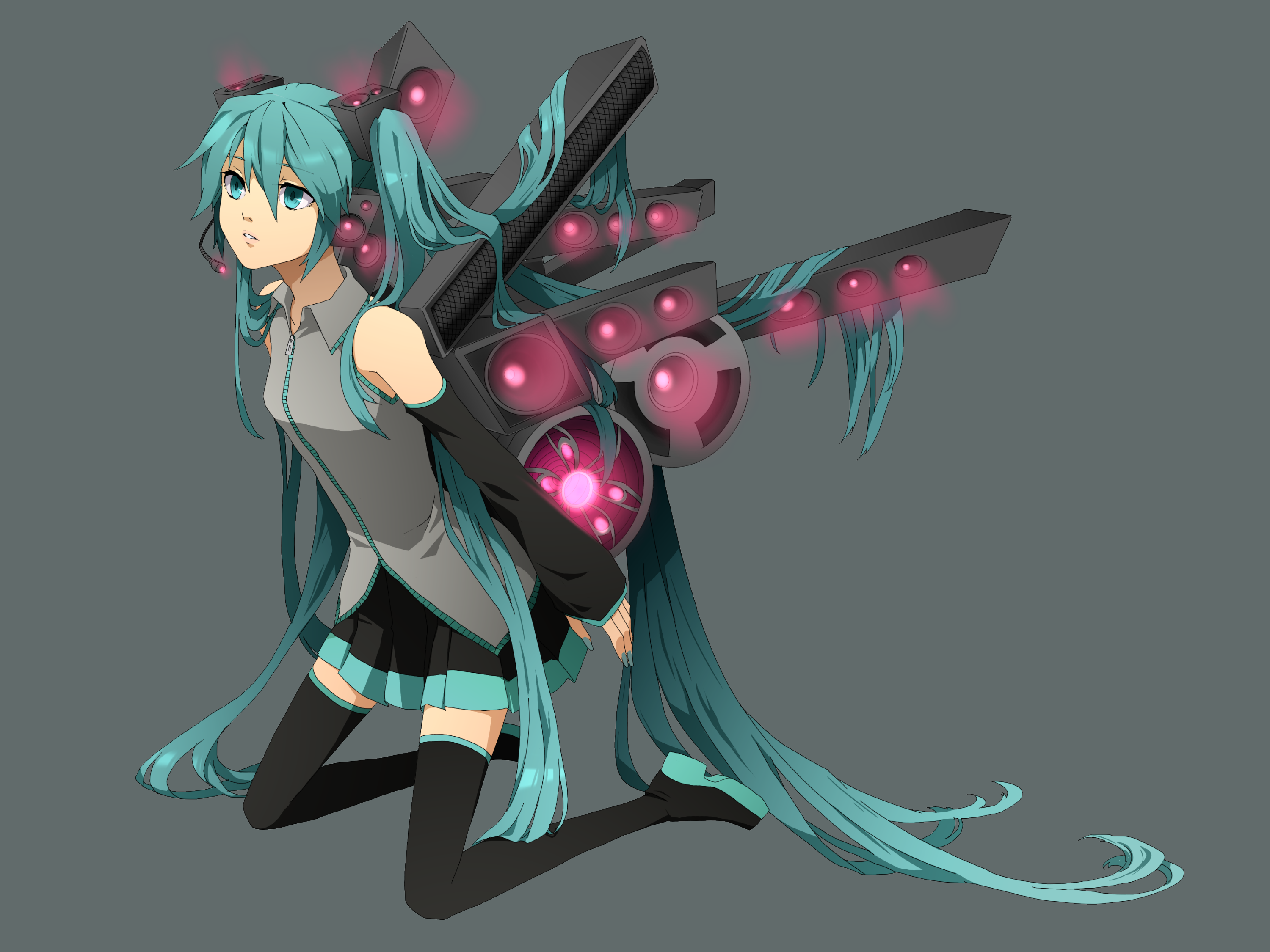 kmatsuda, matsuda toki, hatsune miku, vocaloid, bad id, bad pixiv id, highres, 1girl, aqua eyes, aqua hair, boots, detached sleeves, female focus, full body, headset, kneeling, legs, long hair, mecha musume, necktie, simple background, skirt, solo, speaker, thighhighs, twintails, very long hair, zettai ryouiki