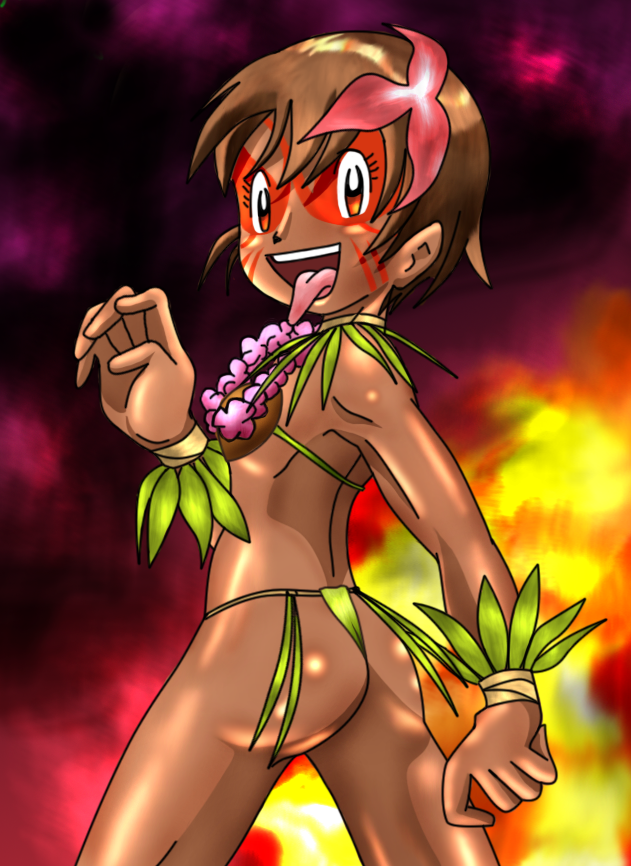 hokanuka, yagami hikari, digimon, digimon adventure, 1girl, amazon warrior, armpits, ass, back, bikini, blurry, bracelet, brown hair, cowboy shot, dancer, dancing, facepaint, facial mark, female focus, flat chest, flower, flower necklace, from side, hair flower, hair ornament, jewelry, leaf, leaf bikini, lei, loli, looking at viewer, looking back, neck ring, necklace, open mouth, red eyes, shell, shell bikini, short hair, solo, spread legs, standing, string bikini, swimsuit, thong, thong bikini, tongue, tongue out, tribal