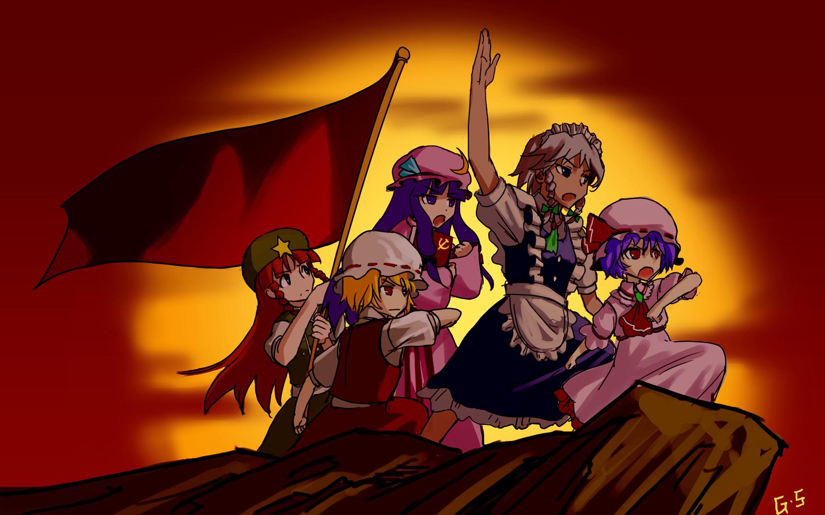 as109, flandre scarlet, hong meiling, izayoi sakuya, patchouli knowledge, remilia scarlet, embodiment of scarlet devil, touhou, bad id, bad pixiv id, highres, 5girls, communism, female focus, flag, hammer and sickle, hat, multiple girls, parody, short hair
