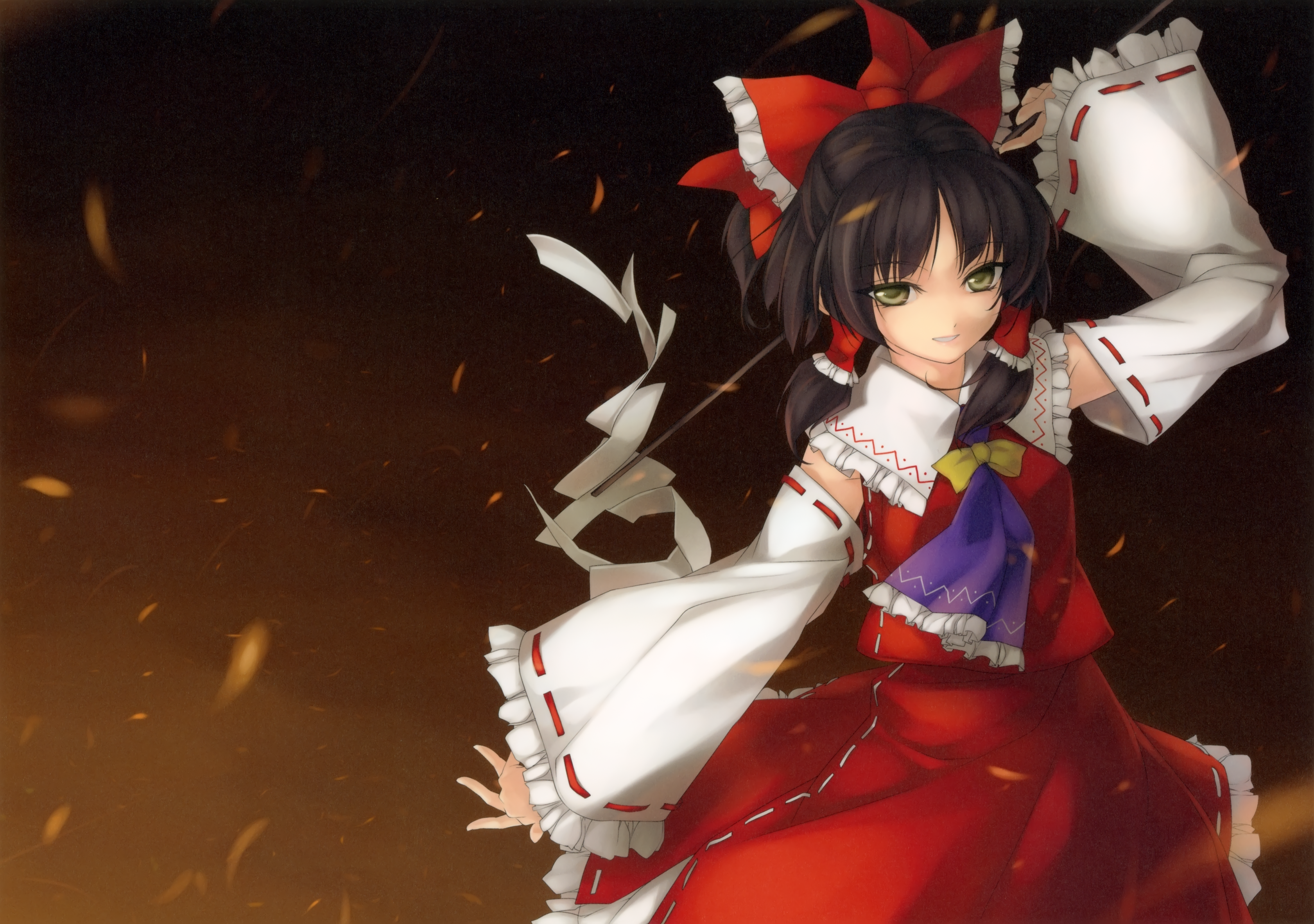 rokuwata tomoe, hakurei reimu, subterranean animism, touhou, absurdres, highres, 1girl, alternate color, alternate eye color, arm up, ascot, black hair, blue ascot, bow, bowtie, collar, detached sleeves, female focus, frilled collar, frilled sleeves, frills, gohei, green eyes, hair bow, hair ornament, hair tubes, half-closed eyes, holding, looking at viewer, outstretched arm, parted lips, petals, red bow, red ribbon, red skirt, ribbon, shide, skirt, smile, solo, white ribbon, yellow bow, yellow eyes