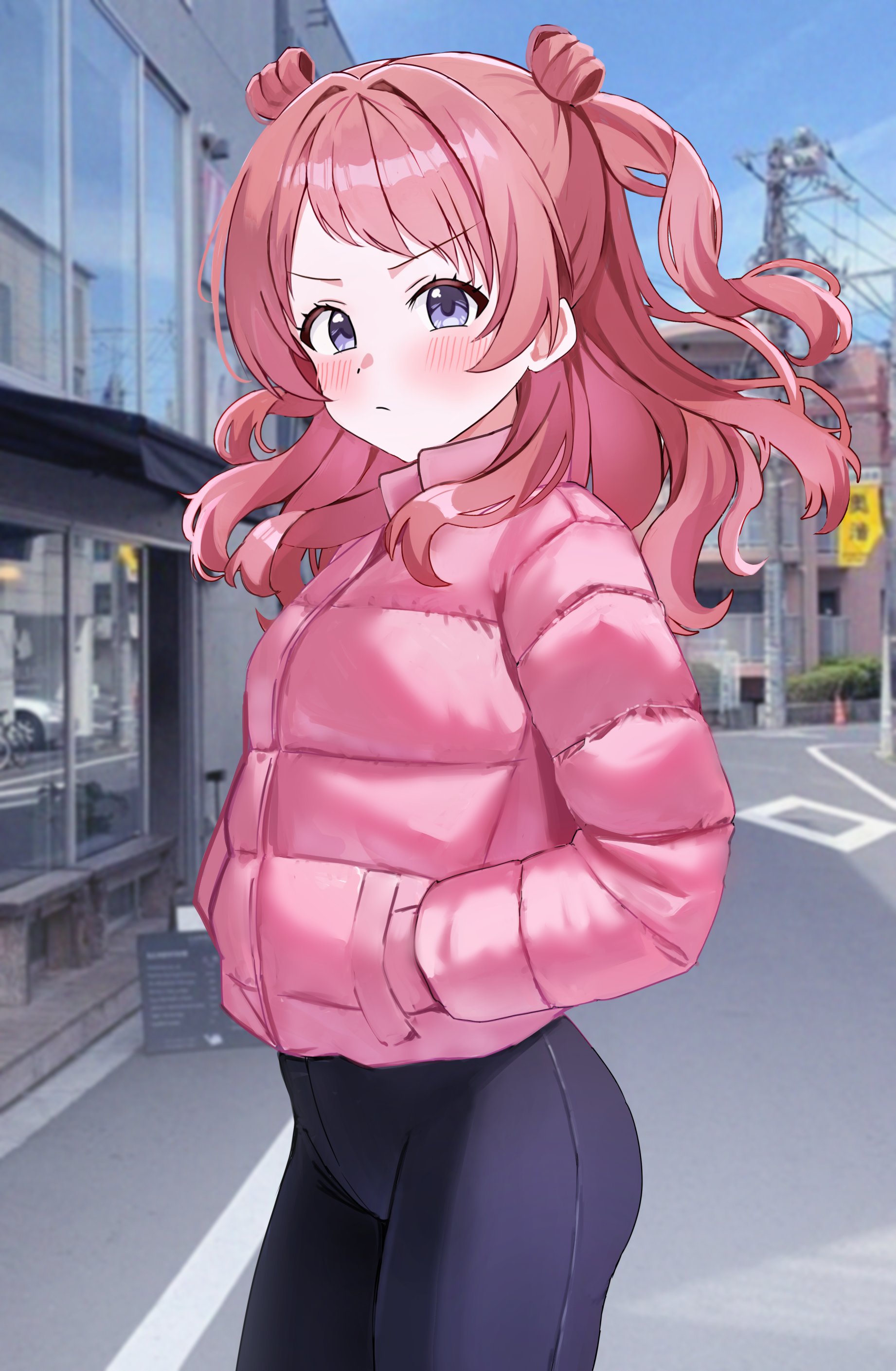 floris (saber13), hanami saki, gakuen idolmaster, idolmaster, absurdres, commentary, english commentary, highres, 1girl, bench, bicycle, blue eyes, blue pants, blush, cable, hair bun, hands in pockets, jacket, long hair, long sleeves, looking at viewer, pants, photo background, pink hair, pink jacket, real world location, red hair, road, smile, solo, street, two side up
