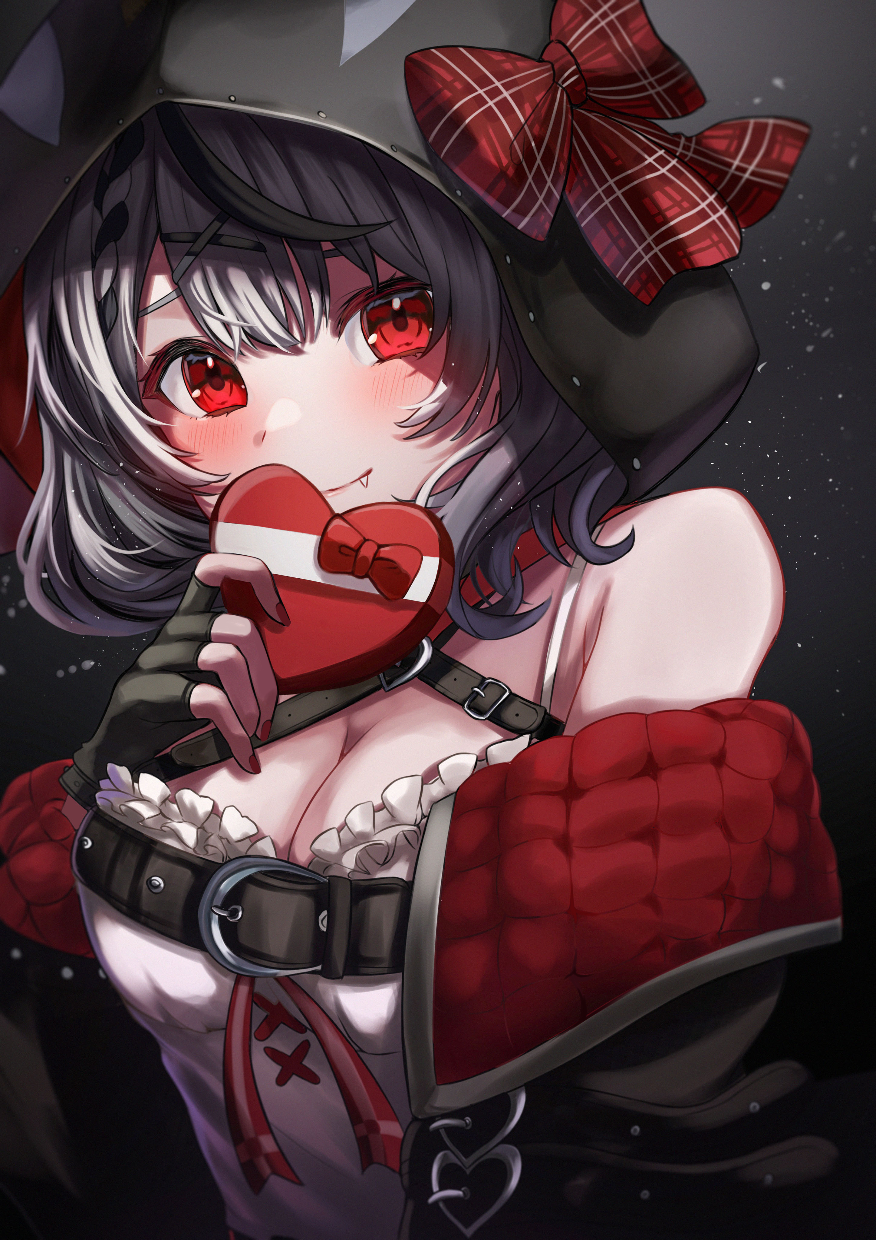 chameleon (chameleon0613), sakamata chloe, sakamata chloe (1st costume), hololive, absurdres, commentary request, highres, animal hood, black jacket, box, breasts, camisole, cleavage, closed mouth, fang, heart-shaped box, holding, holding box, hood, hood up, jacket, large breasts, looking at viewer, nail polish, orca hood, red nails, smile, solo, virtual youtuber, white camisole