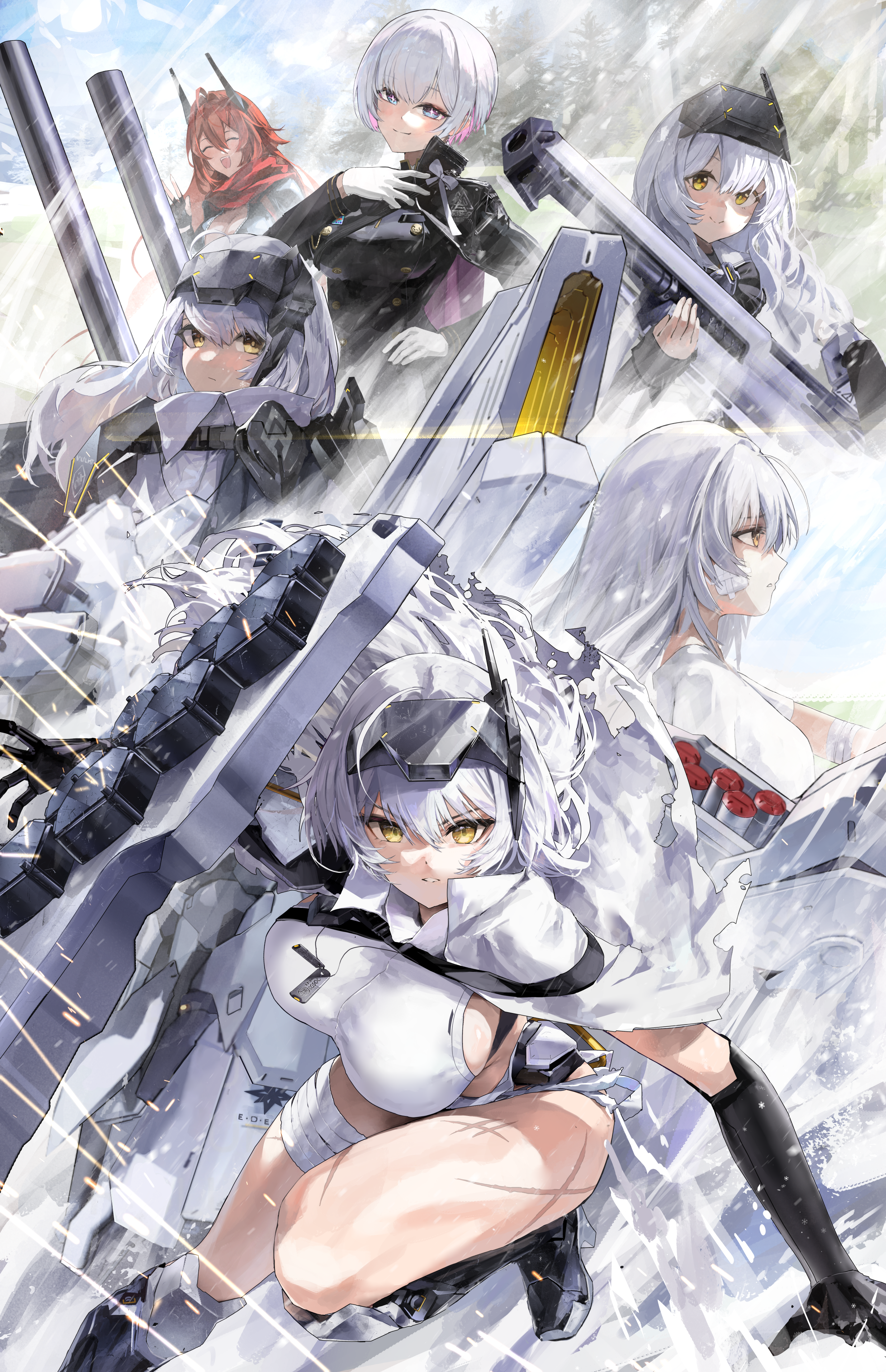 meltyrice, liliweiss (nikke), red hood (nikke), snow white (heavy arms) (nikke), snow white (innocent days) (nikke), snow white (nikke), goddess of victory: nikke, absurdres, commentary request, highres, revision, 6+girls, armor, bandaged leg, bandages, bandaid, bandaid on cheek, bandaid on face, bikini armor, black coat, black dress, blue eyes, breasts, cloak, coat, diamond-shaped pupils, diamond (shape), dress, gloves, holding, holding weapon, horns, large breasts, mechanical horns, multicolored hair, multiple girls, multiple persona, pink hair, red hair, red scarf, scar, scar on leg, scarf, smile, symbol-shaped pupils, thighs, two-tone hair, visor (armor), weapon, white cloak, white gloves, white hair, yellow eyes