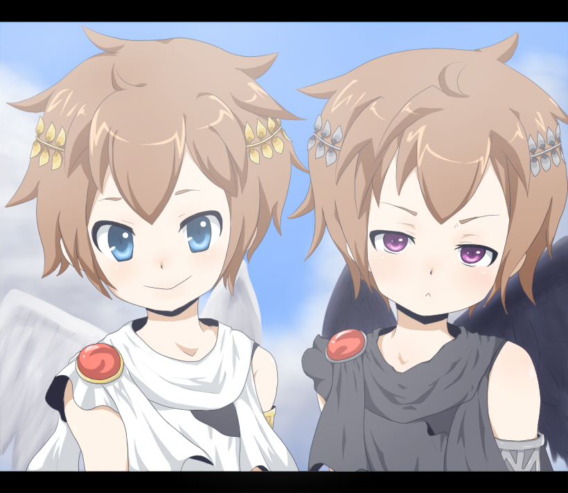 pikanchu, pit (kid icarus), kid icarus, nintendo, 2boys, :<, alternate color, blue eyes, brown hair, feathered wings, letterboxed, male focus, multiple boys, outdoors, purple eyes, sky, toga, upper body, wings
