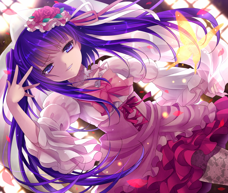 chimochi, dyudyu, furudo erika, umineko no naku koro ni, bad id, bad pixiv id, 00s, 1girl, blue eyes, blue hair, blush, bug, butterfly, choker, dress, female focus, flower, hair ornament, hair ribbon, insect, matching hair/eyes, pantyhose, petals, ribbon, solo, twintails