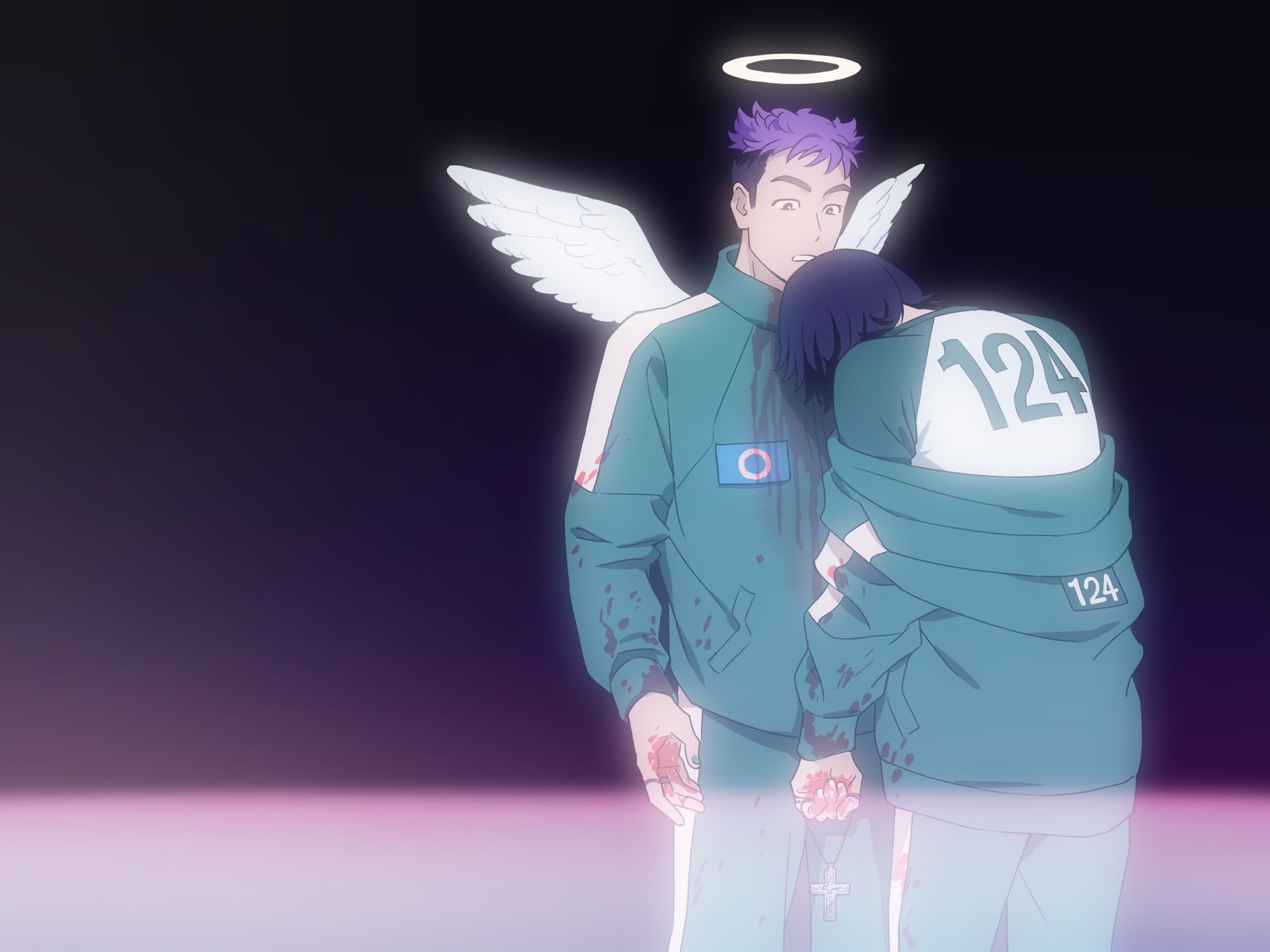 squid game, hashtag-only commentary, highres, 2boys, angel, black hair, blood, blood on clothes, blood on hands, bloom, buzz cut, feathered wings, feet out of frame, green track suit, halo, head down, male focus, mini wings, multiple boys, nam-gyu, print shirt, purple hair, shirt, short hair, surprised, thanos (squid game), track suit, uxjaw9kk7171352, very short hair, white wings, wide-eyed, wings