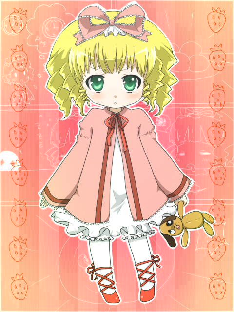 pikanchu, hinaichigo, kunkun, rozen maiden, 00s, 1girl, blonde hair, bow, doll, female focus, flat chest, green eyes, hair bow, pink bow, solo