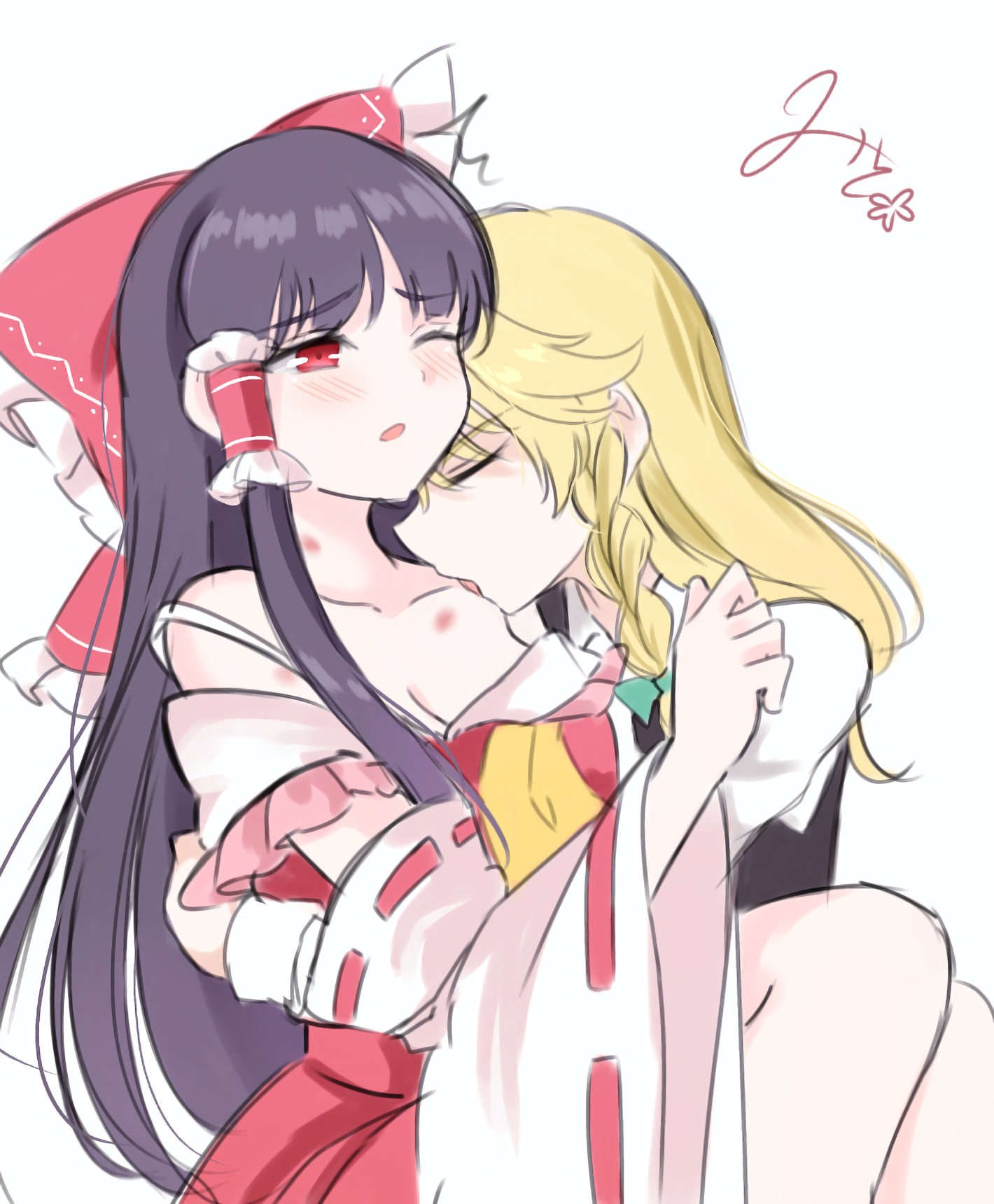 mito (fate), hakurei reimu, kirisame marisa, touhou, commentary request, highres, 2girls, ascot, black vest, blonde hair, blush, bow, braid, breasts, brown hair, cleavage, detached sleeves, frilled bow, frilled hair tubes, frills, green bow, hair bow, hair tubes, hickey, hug, licking, licking shoulder, long hair, long sleeves, multiple girls, no headwear, off shoulder, one eye closed, open mouth, red bow, red eyes, red skirt, ribbon-trimmed sleeves, ribbon trim, shirt, side braid, signature, simple background, single braid, skirt, skirt set, vest, white background, white shirt, yellow ascot, yuri
