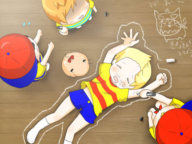 pikanchu, claus (mother 3), doseisan, lucas (mother 3), ness (mother 2), ninten, ultimate chimera, mother (series), mother 1, mother 2, mother 3, nintendo, 4boys, blonde hair, chalk, child, hat, male focus, marker, multiple boys, orange hair, shirt, sleeping, socks, striped clothes, striped shirt