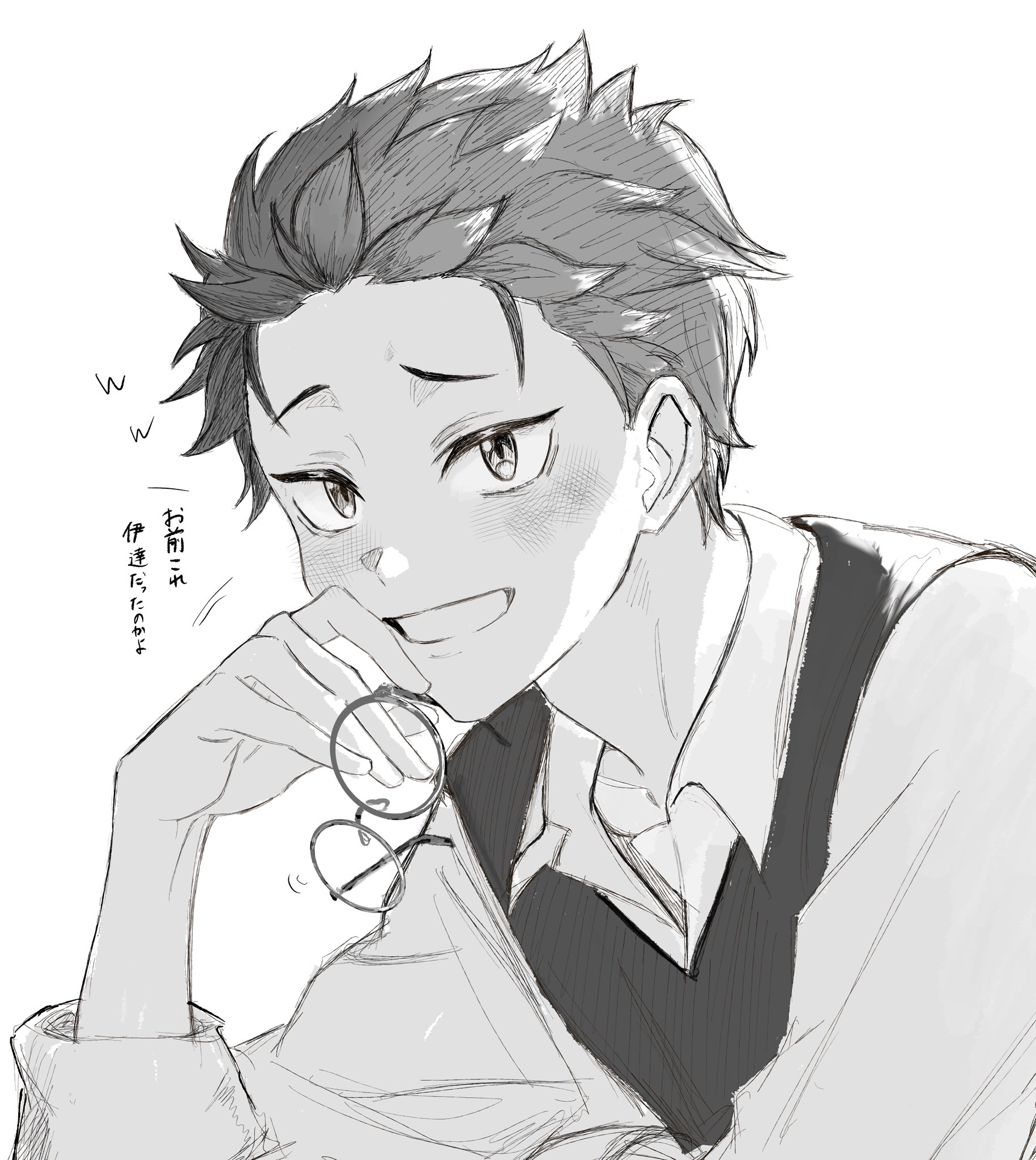 natsuki subaru, re:zero kara hajimeru isekai seikatsu, commentary request, highres, 1boy, blush, collarbone, collared shirt, contemporary, glasses, greyscale, holding, holding removed eyewear, long sleeves, looking at viewer, male focus, monochrome, poppokopopop, shirt, short hair, simple background, smile, solo, sweater vest, unworn eyewear, upper body, white background