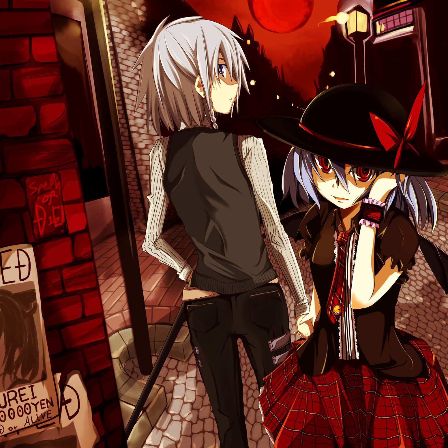 maturiuta sorato, hakurei reimu, izayoi sakuya, remilia scarlet, touhou, silver hair, highres, 2girls, alternate costume, bat wings, belt, contemporary, female focus, hat, moon, multiple girls, necktie, plaid clothes, plaid skirt, poster (object), red eyes, red moon, skirt, sword, wanted poster, weapon, wings