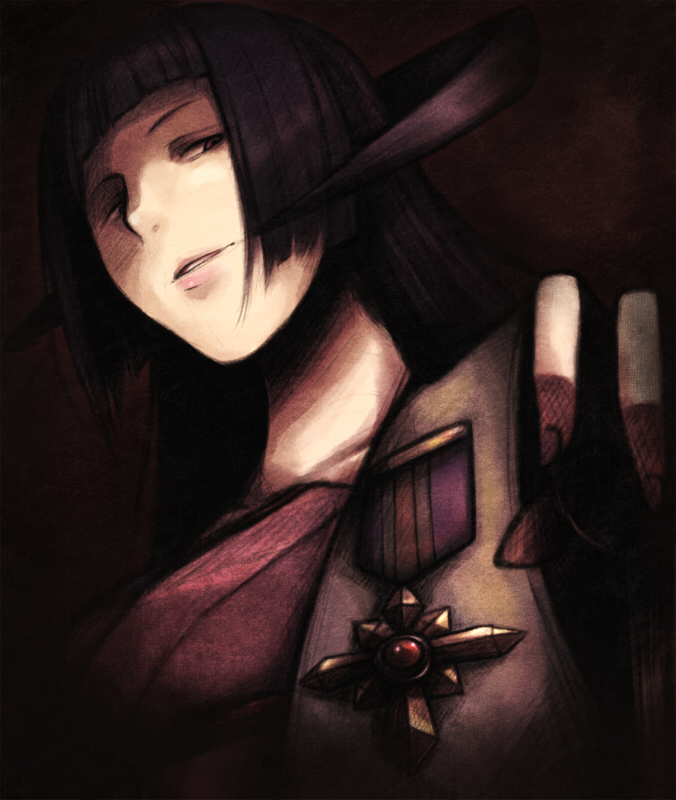 jailbird, featherine augustus aurora, umineko no naku koro ni, 00s, black hair, blunt bangs, hime cut, horns, medal, solo