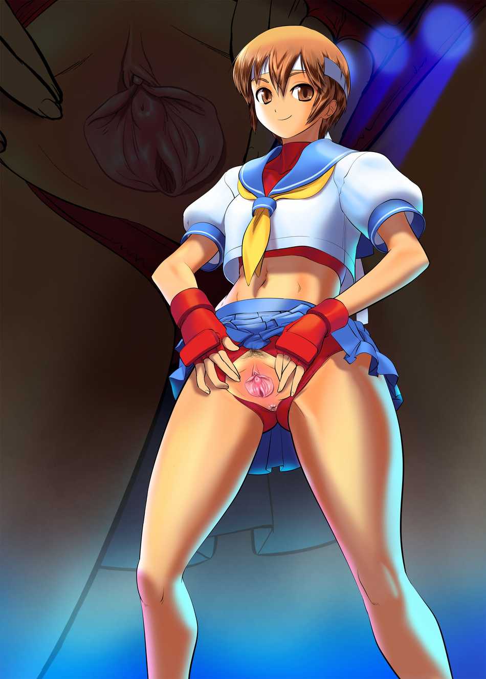 kasugano sakura, capcom, street fighter, highres, 1girl, anus, clothes lift, female focus, pussy, school uniform, skirt, skirt lift, smile, solo, spread legs, standing, uncensored