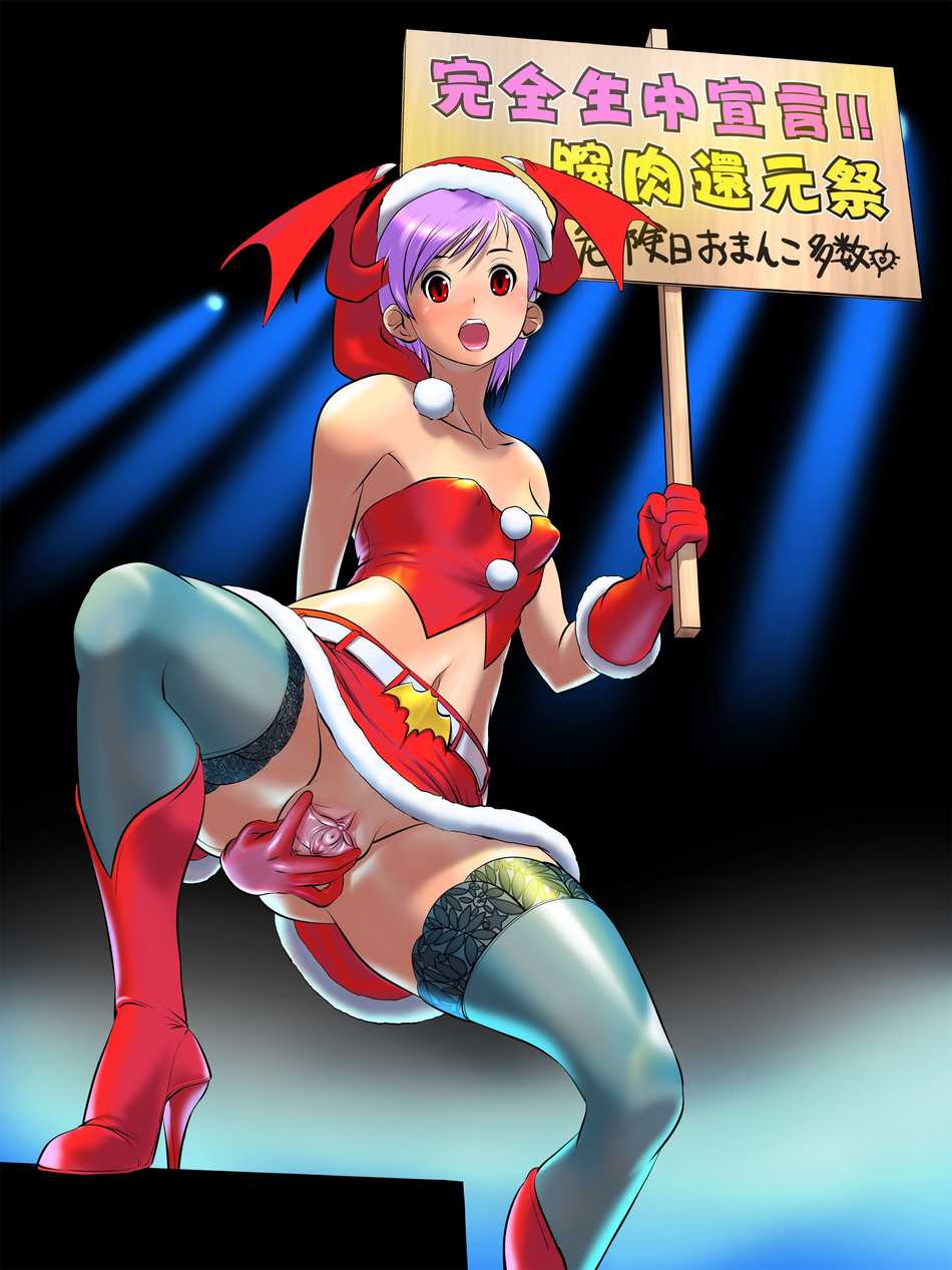 cosine, lilith (darkstalkers), capcom, darkstalkers, lace-trimmed legwear, absurdres, highres, translation request, 1girl, anus, bare shoulders, bat wings, belt, blush, christmas, clitoris, collarbone, covered erect nipples, demon girl, flat chest, gloves, hat, head wings, high heels, holding, holding sign, knees, lace, lace trim, legs, looking at viewer, midriff, navel, no panties, open mouth, placard, puffy nipples, purple hair, pussy, red eyes, red gloves, santa hat, shoes, short hair, sign, sign holding, skirt, solo, spotlight, spread legs, spread pussy, stage, standing, text focus, thighhighs, thighs, uncensored, urethra, wings