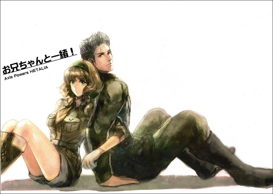 hiroko (artist), hiroko (keshika), belgium (hetalia), nakako, netherlands (hetalia), axis powers hetalia, 00s, 1boy, 1girl, back-to-back, blonde hair, boots, breasts, brother and sister, green eyes, hair ribbon, large breasts, locked arms, military, military uniform, ribbon, shorts, siblings, sleeves rolled up