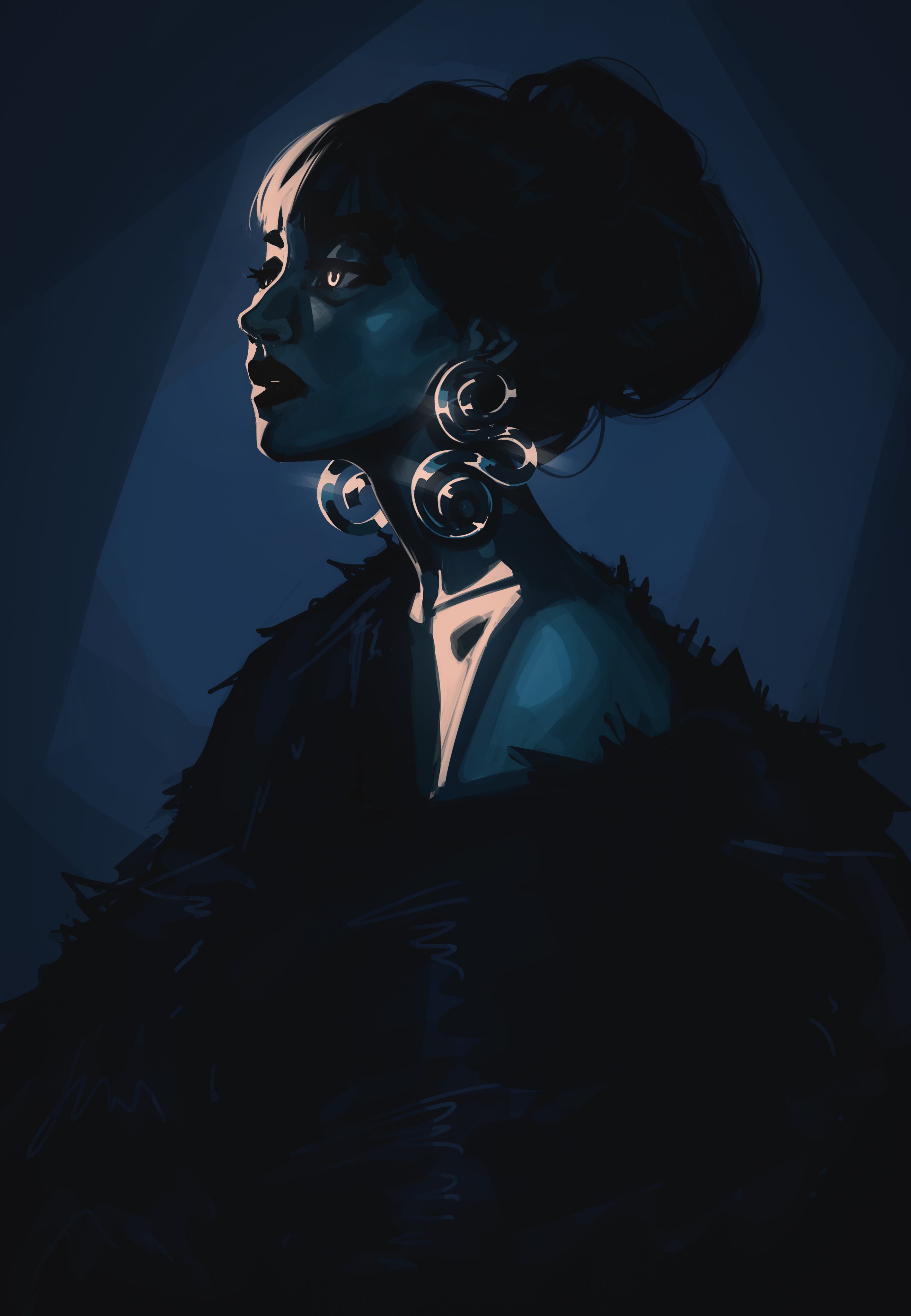 titanartx, original, absurdres, commentary, english commentary, highres, 1girl, black coat, black hair, blue background, blue skin, blue theme, coat, colored skin, earrings, from side, fur coat, hair bun, jewelry, large earrings, looking ahead, nose, parted lips, realistic, short hair, single bare shoulder, solo, upper body, yellow eyes