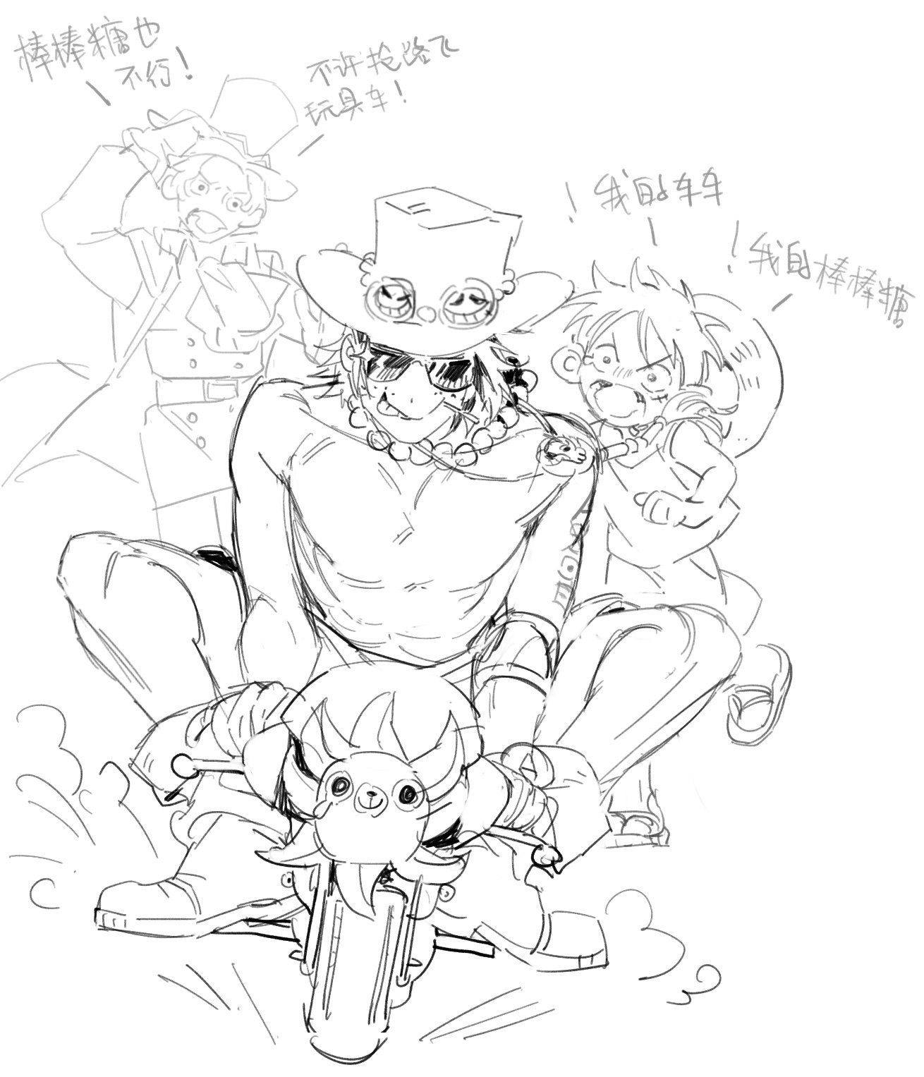 siyangou49, monkey d. luffy, portgas d. ace, sabo (one piece), one piece, commentary request, highres, 3boys, arm tattoo, ascot, brothers, greyscale, hat, male focus, monochrome, multiple boys, sandals, scar, scar on face, short hair, siblings, sitting, straw hat, sunglasses, tank top, tattoo, tongue, tongue out
