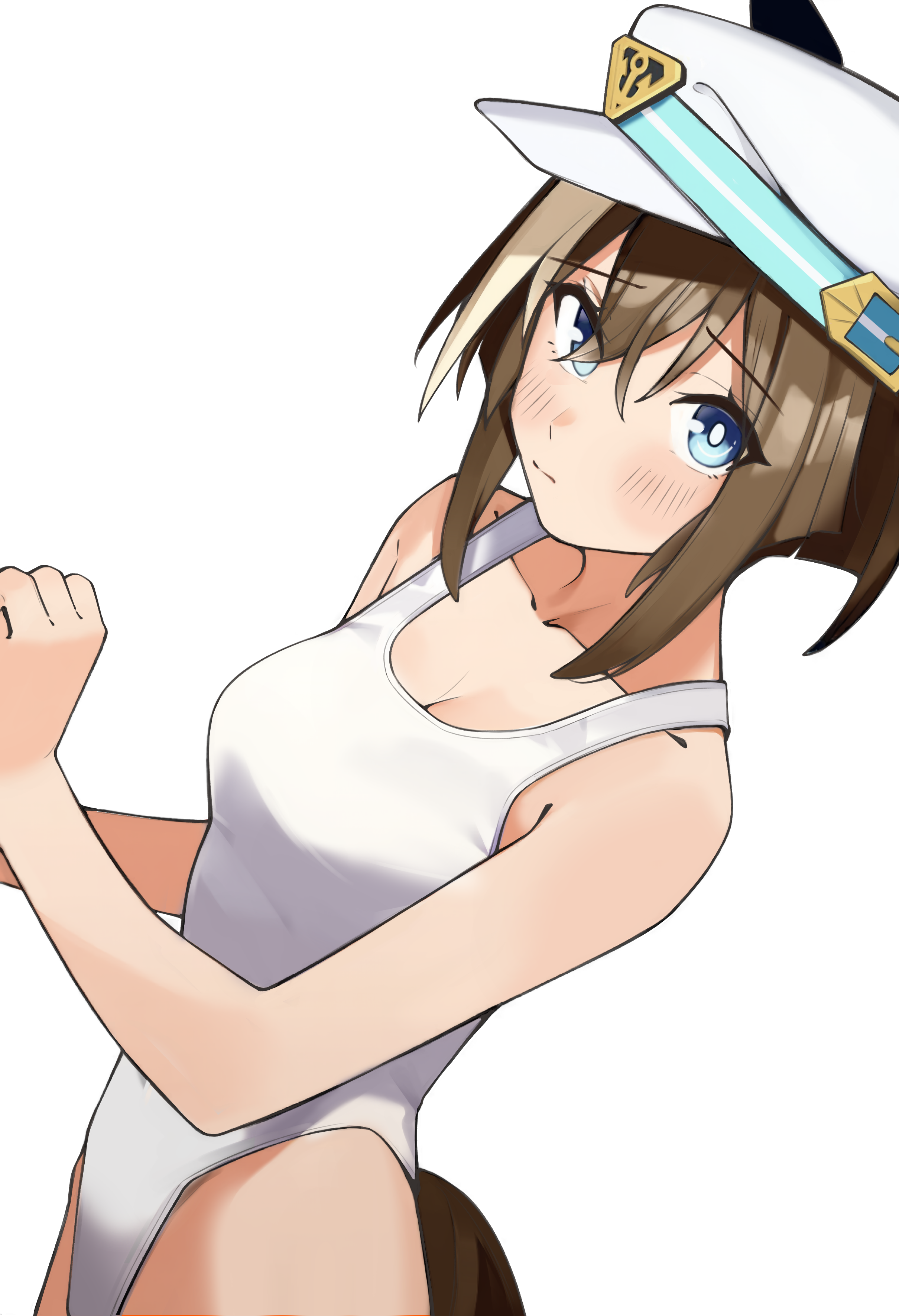 hanasato miya, cheval grand (umamusume), comiket 106, umamusume, absurdres, commentary request, highres, 1girl, animal ears, blue eyes, breasts, brown hair, cleavage, collarbone, competition swimsuit, ear covers, hair between eyes, hat, hat belt, highleg, highleg one-piece swimsuit, horse ears, horse girl, horse tail, looking at viewer, medium breasts, multicolored hair, one-piece swimsuit, peaked cap, simple background, solo, streaked hair, swimsuit, tail, two-tone swimsuit, white background, white hair, white hat, white one-piece swimsuit