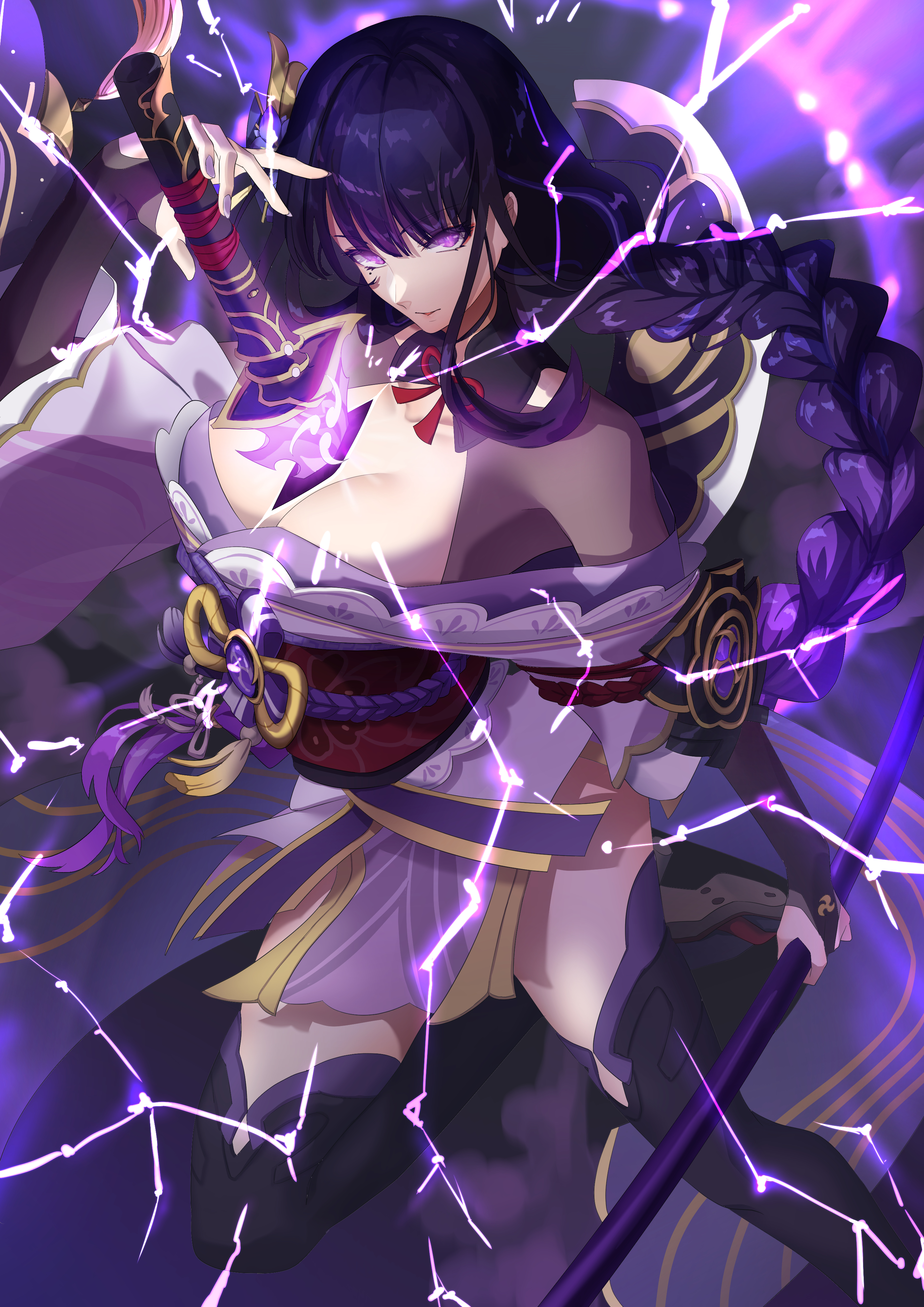 ranta rion, raiden shogun, genshin impact, absurdres, commentary, highres, 1girl, blunt bangs, braid, breasts, bridal gauntlets, cleavage, electricity, glowing, glowing sword, glowing weapon, hair ornament, holding, holding sword, holding weapon, japanese clothes, katana, kimono, large breasts, long braid, looking at viewer, mitsudomoe (shape), mole, mole under eye, musou isshin (genshin impact), neck ribbon, parted lips, purple background, purple eyes, purple hair, purple kimono, purple thighhighs, red ribbon, red sash, ribbon, sash, shade, shadow, single braid, solo, sword, thighhighs, tomoe (symbol), weapon, wide sleeves