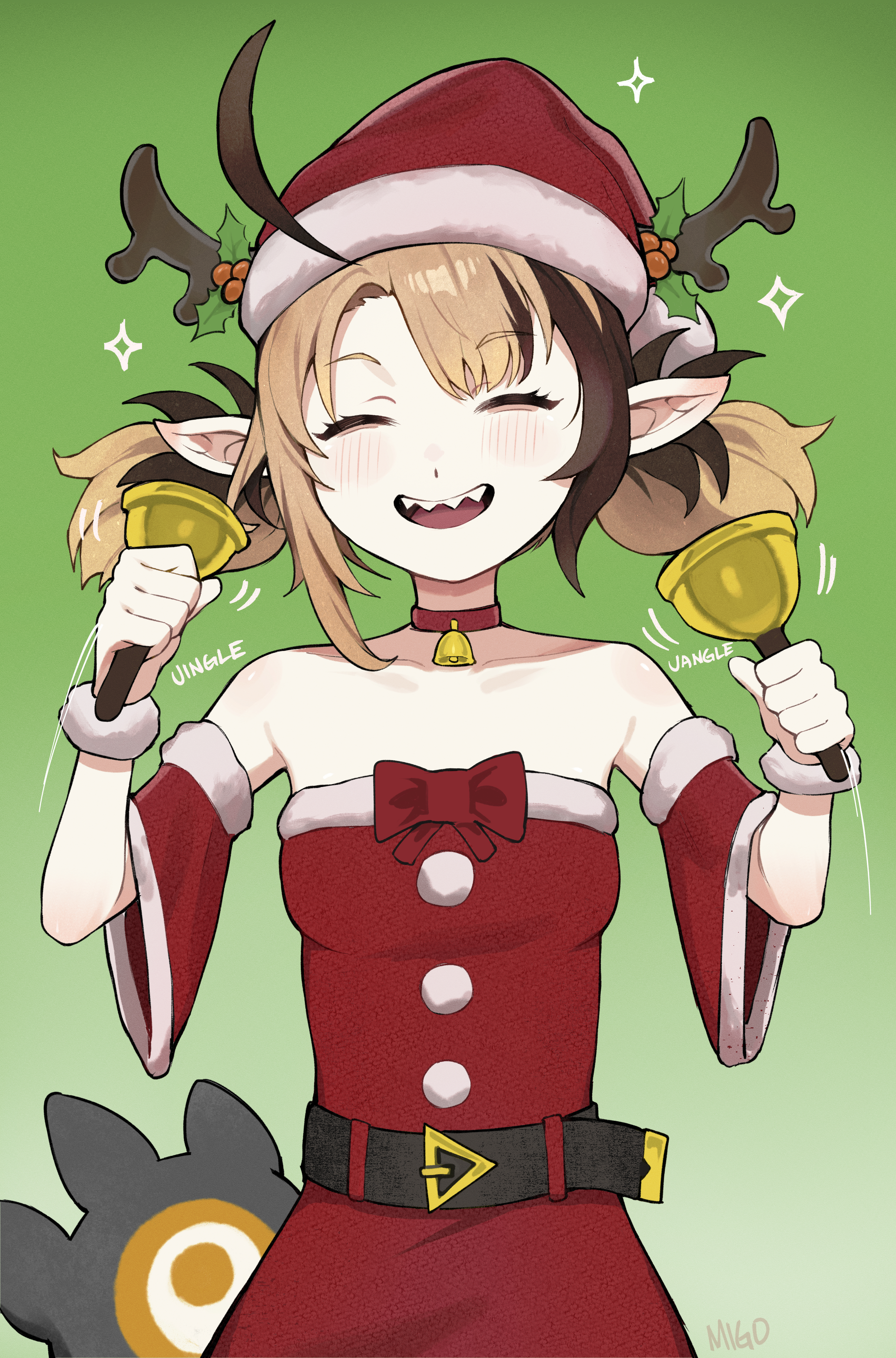 migokami, gigi murin, hololive, hololive english, absurdres, commentary, english commentary, highres, 1girl, alternate costume, animal ears, bell, belt, black belt, brown hair, closed eyes, dress, fake animal ears, fur-trimmed dress, fur-trimmed headwear, fur trim, hat, holding, holding bell, looking at viewer, medium hair, multicolored hair, open mouth, pointy ears, red dress, red hat, santa costume, santa dress, santa hat, sharp teeth, smile, solo, tail, teeth, two-tone hair, two side up, virtual youtuber