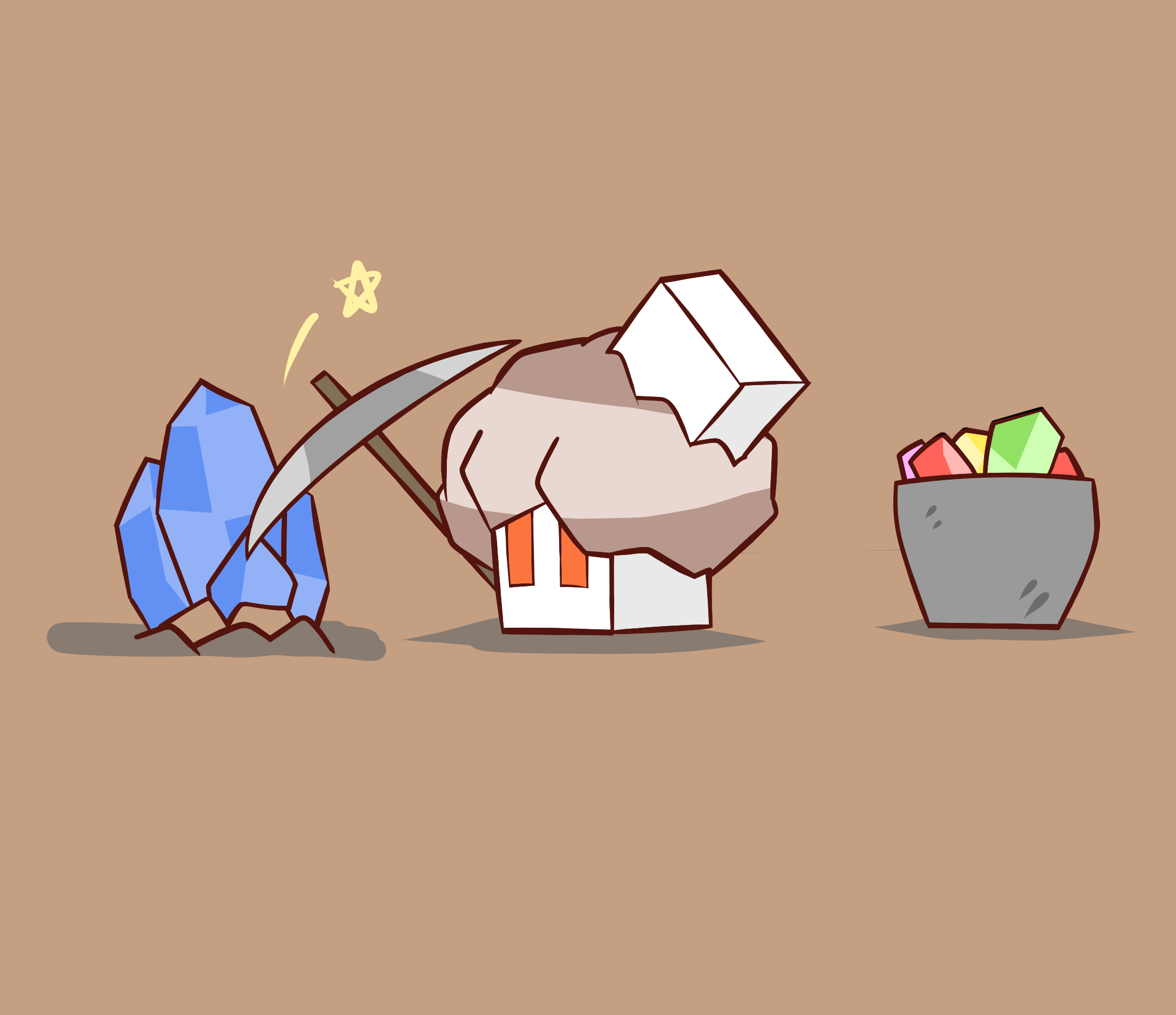 redny, nacli, nintendo, pokemon, commentary request, highres, brown background, crystal, flat color, full body, gem, holding, holding pickaxe, mining, no humans, pickaxe, pokemon (creature), pokemon focus, rectangular eyes, simple background, solo, star (symbol)