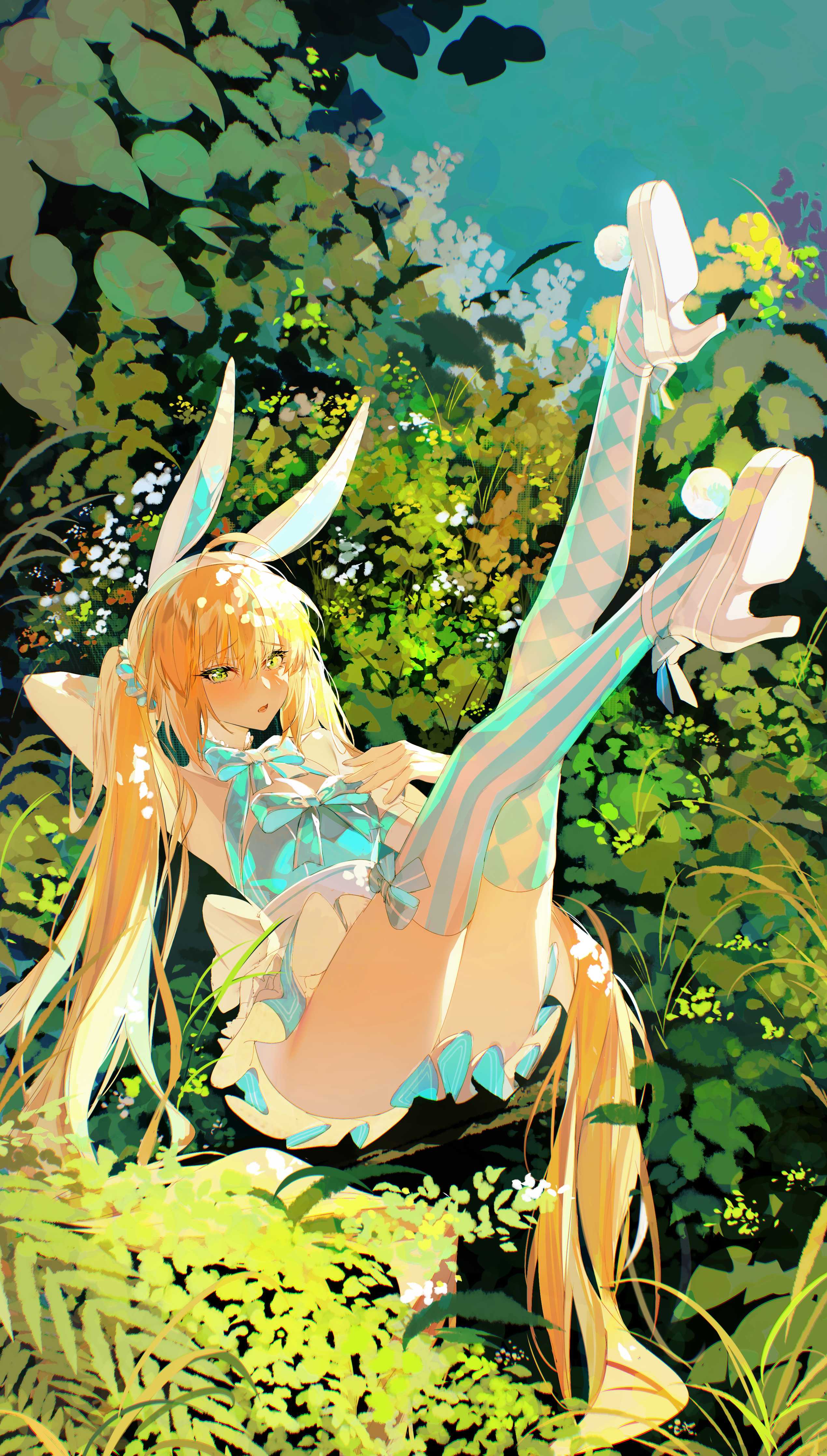 baocaizi, artoria caster (fate), artoria caster (swimsuit berserker) (second ascension) (fate), artoria pendragon (fate), fate/grand order, fate (series), absurdres, commentary request, highres, 1girl, ahoge, animal ears, argyle clothes, argyle thighhighs, bare shoulders, blonde hair, blue dress, blue thighhighs, blush, breasts, checkered thighhighs, dress, fake animal ears, green eyes, high heels, long hair, looking at viewer, open mouth, rabbit ears, small breasts, solo, thighhighs, twintails, very long hair
