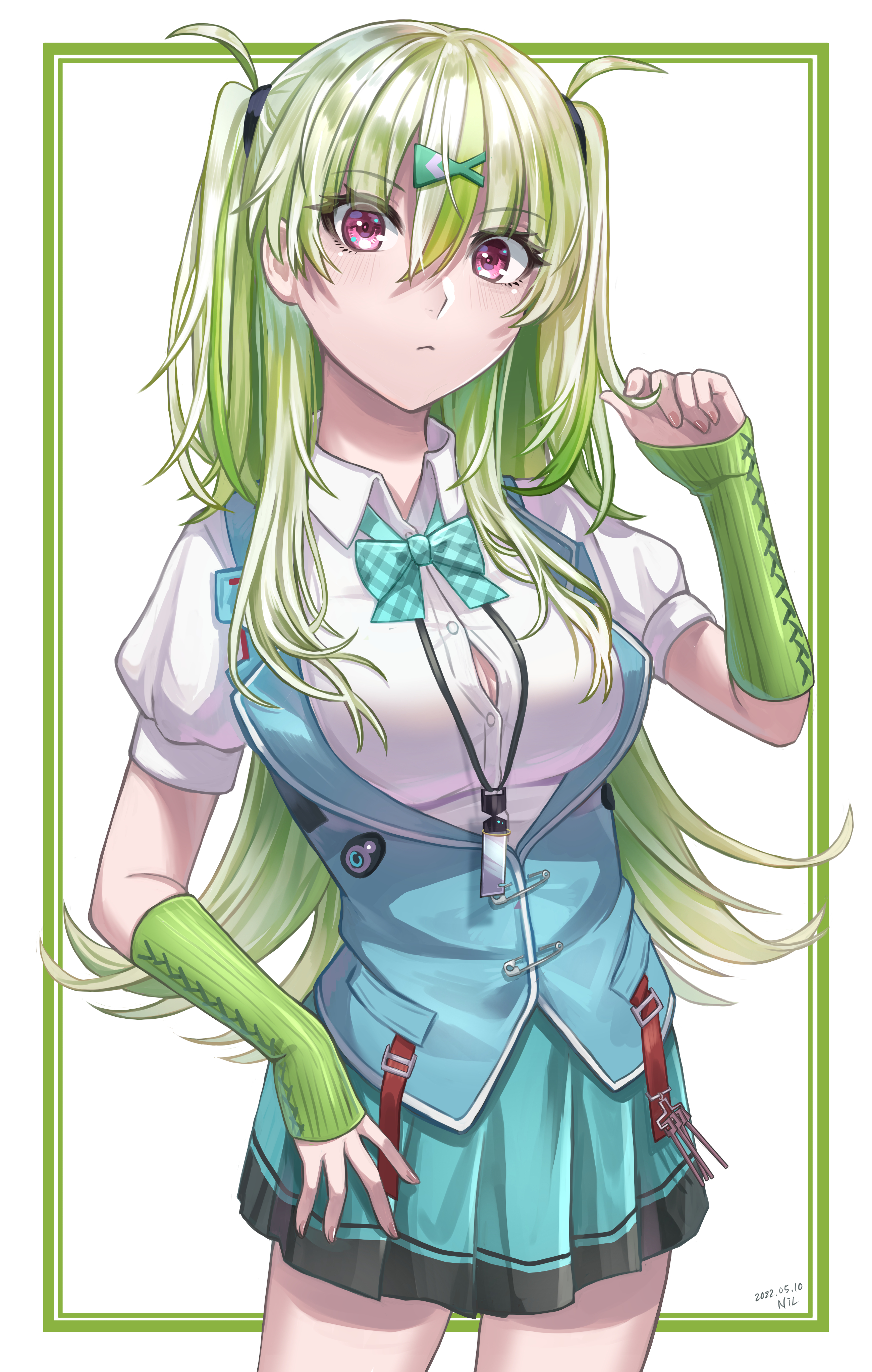 nil (pixiv 53614557), ooshima isuzu, heaven burns red, absurdres, commentary request, highres, 1girl, aqua bow, aqua bowtie, arm warmers, blue skirt, blue vest, blush, bow, bowtie, breasts, button gap, cleavage, closed mouth, collared shirt, cowboy shot, dated, eyelashes, eyes visible through hair, fingernails, fish hair ornament, flipped hair, frown, green arm warmers, green hair, green streaks, hair between eyes, hair ornament, hand up, large breasts, long hair, looking at viewer, miniskirt, multicolored hair, open clothes, open vest, outside border, pink eyes, plaid bow, plaid bowtie, plaid clothes, playing with own hair, pleated skirt, shirt, short sleeves, sidelocks, simple background, skirt, solo, streaked hair, two side up, very long hair, vest, white background, white shirt