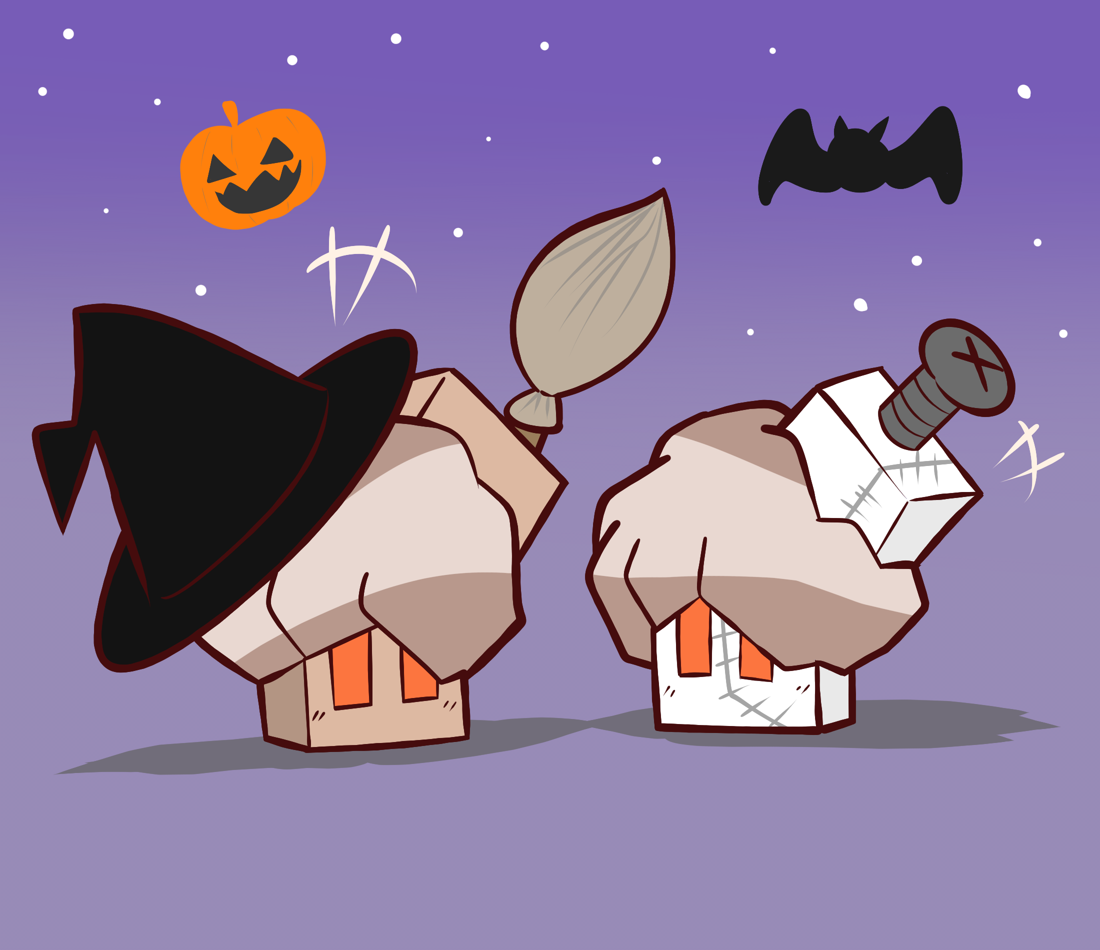 redny, nacli, nintendo, pokemon, commentary request, highres, +++, alternate color, bat (animal), black hat, clothed pokemon, flat color, full body, halloween, halloween costume, hat, jack-o'-lantern, no humans, pokemon (creature), pokemon focus, screw, shiny and normal, shiny pokemon, star (sky), stitches, witch hat