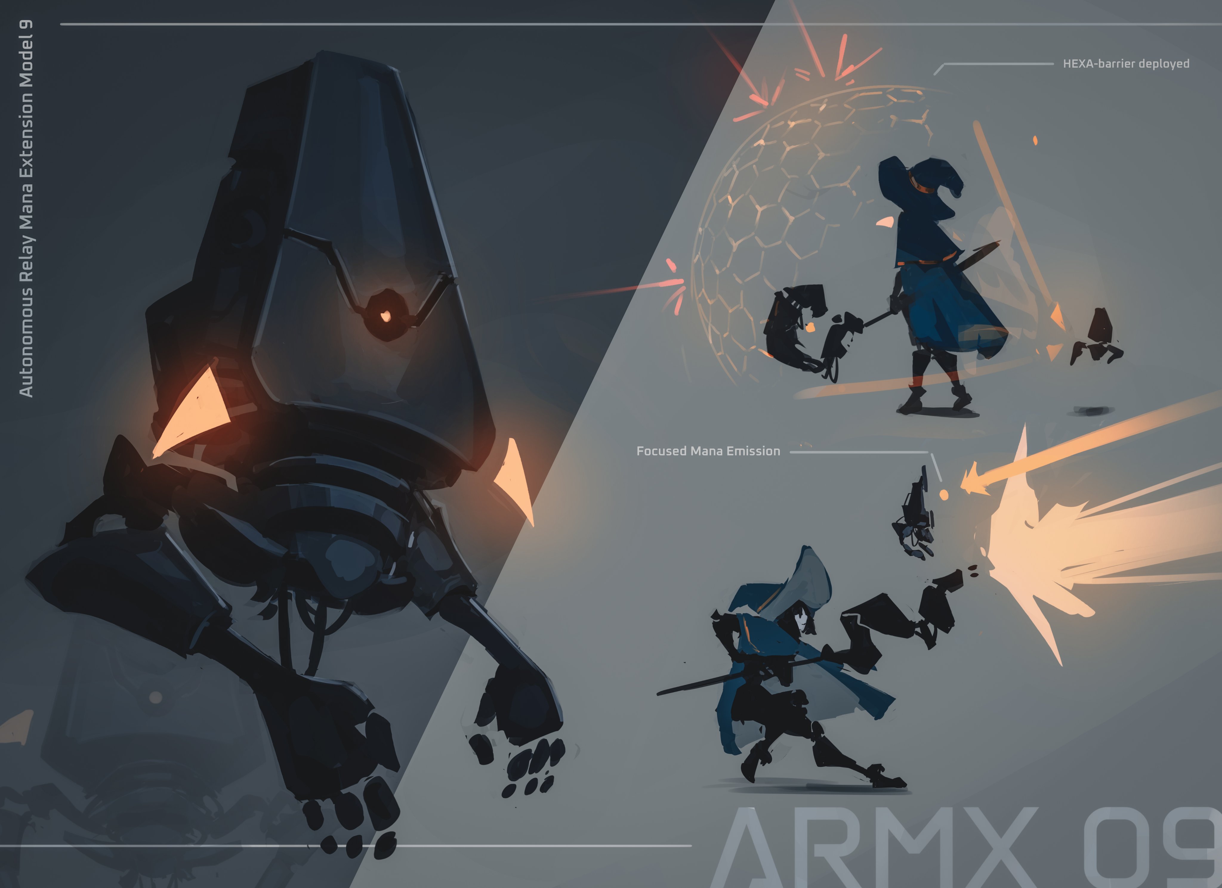 titanartx, original, absurdres, commentary, english commentary, highres, 1girl, black hair, blue cape, blue hat, cape, energy barrier, energy shield, firing, grey background, hat, holding, holding staff, magic, multiple views, non-humanoid robot, robot, short hair, staff, two-tone background, witch, witch hat