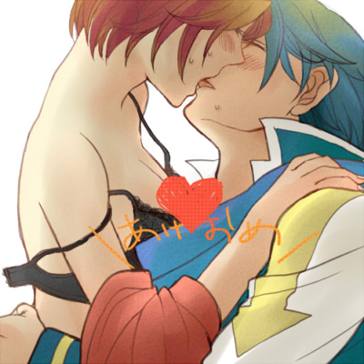 uraimatsu, kaito (vocaloid), meiko (vocaloid), vocaloid, lowres, 1boy, 1girl, akeome, blue hair, blue scarf, blush, bra, brown hair, closed eyes, couple, happy new year, heart, hetero, kiss, lingerie, new year, scarf, short hair, simple background, strap slip, sweat, underwear