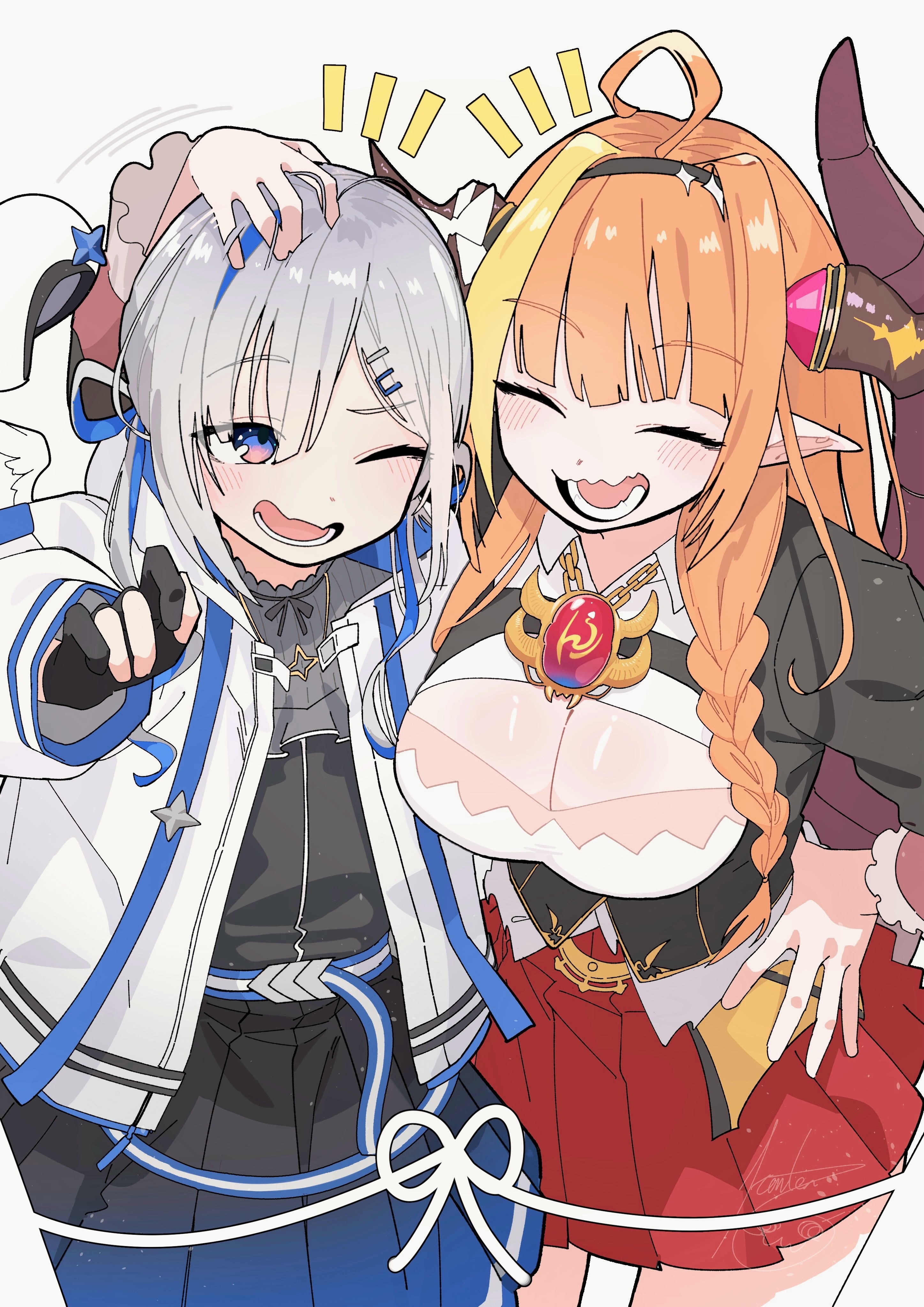 hanten (hantennano), amane kanata, amane kanata (work), hololive, absurdres, commentary request, highres, 2girls, ahoge, angel, angel wings, black dress, black gloves, black vest, blonde streaks, blue hair, breasts, cleavage, closed eyes, dragon girl, dragon horns, dragon tail, dress, fingerless gloves, gloves, grey hair, hand on another's head, horns, large breasts, looking at viewer, multiple girls, official alternate costume, one eye closed, open mouth, orange hair, purple eyes, shirt, small breasts, tail, vest, virtual youtuber, white shirt, wings
