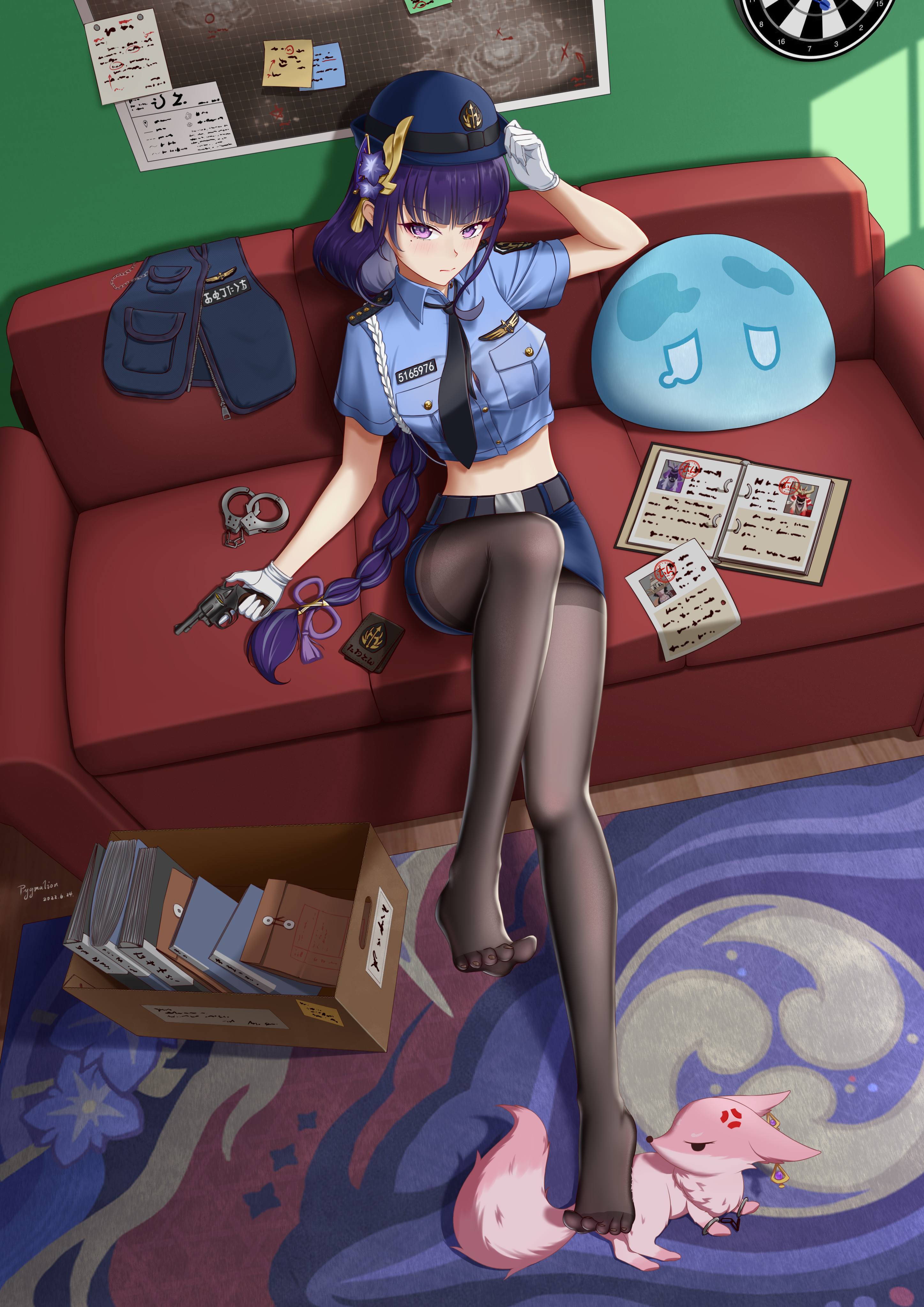 gyqbzyl, hydro slime (genshin impact), raiden shogun, slime (genshin impact), yae miko, yae miko (fox), genshin impact, absurdres, commentary, highres, 1girl, alternate costume, anger vein, angry, black necktie, black pantyhose, blue shirt, blue skirt, blunt bangs, blush, book, box, braid, closed mouth, collared shirt, couch, crop top, feet, fox girl, gun, hair ornament, hair ribbon, handgun, hat, holding, holding gun, holding weapon, indoors, knee up, leaning back, long braid, looking up, map, mitsudomoe (shape), mole, mole under eye, necktie, no shoes, on couch, pantyhose, paper, police, police hat, police uniform, policewoman, purple ribbon, ribbon, rug, shirt, short sleeves, single braid, sitting, skirt, toes, tomoe (symbol), weapon