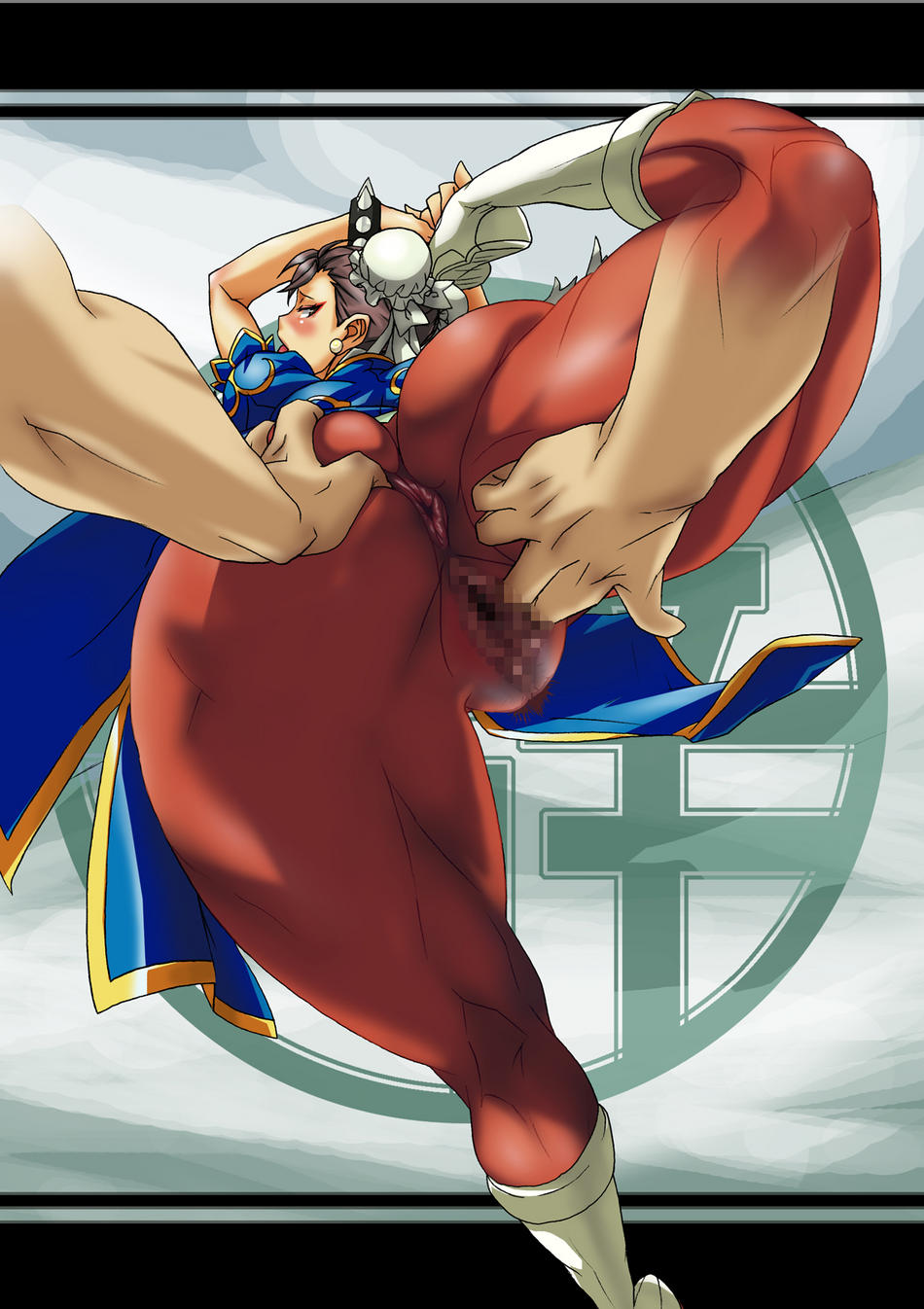 shibire hitsuji, chun-li, capcom, street fighter, ass grab, highres, 1boy, 1girl, anus, ass, ass focus, blush, censored, embarrassed, fingering, groping, hetero, huge ass, looking at viewer, looking back, pussy, wide hips