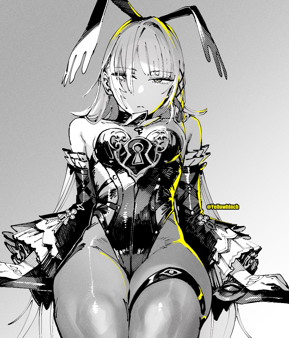 otimusyairoha, herta (honkai: star rail), the herta (honkai: star rail), honkai: star rail, honkai (series), commentary, highres, 1girl, animal ears, ben-day dots, breasts, dated commentary, detached sleeves, fake animal ears, frown, gradient background, hair ribbon, highleg, highleg leotard, jewelry, key, key necklace, leotard, long hair, looking at viewer, monochrome, necklace, object riding, pantyhose, ribbon, screentones, sidelighting, simple background, sitting, small breasts, solo, spot color, strapless, strapless leotard, thigh strap, twitter username, very long hair